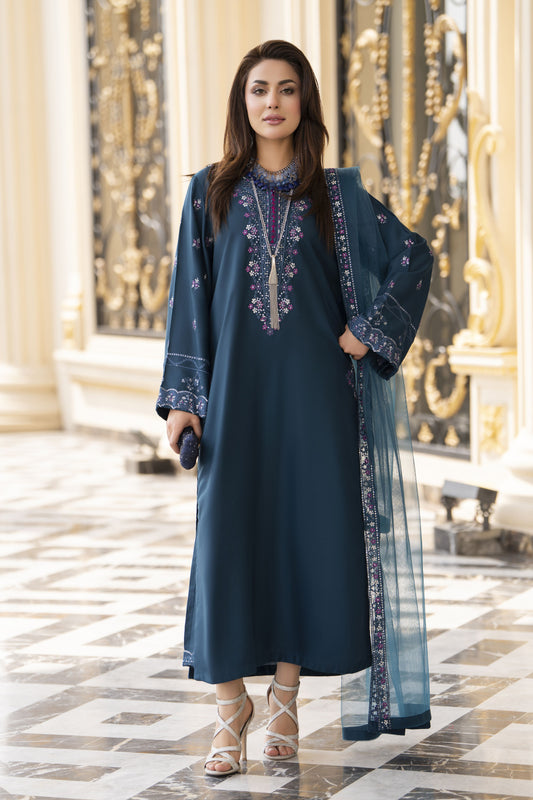 3pc Embroidered Linen Suit with Net Dupatta Soraya SBH5
