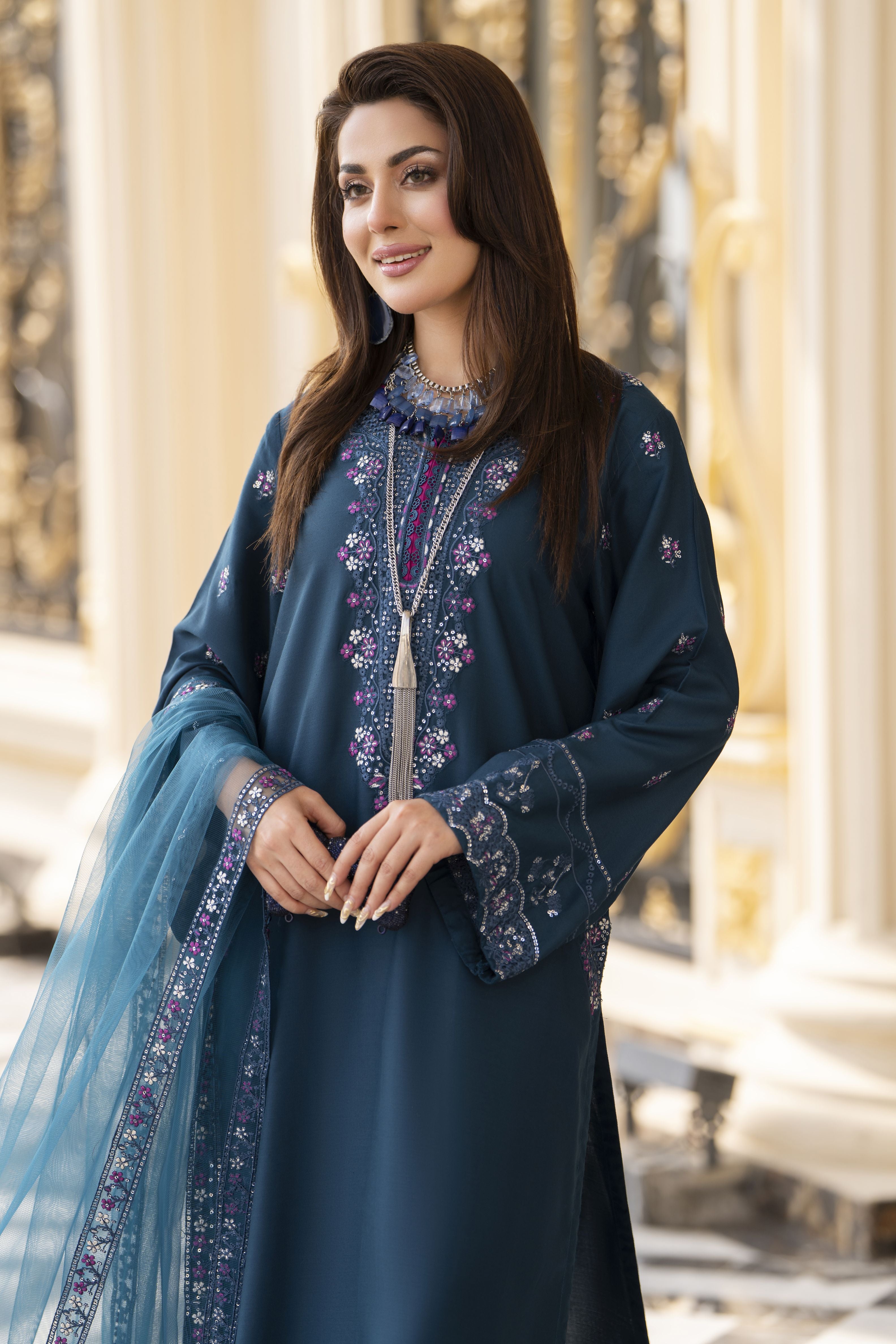 3pc Embroidered Linen Suit with Net Dupatta Soraya SBH5