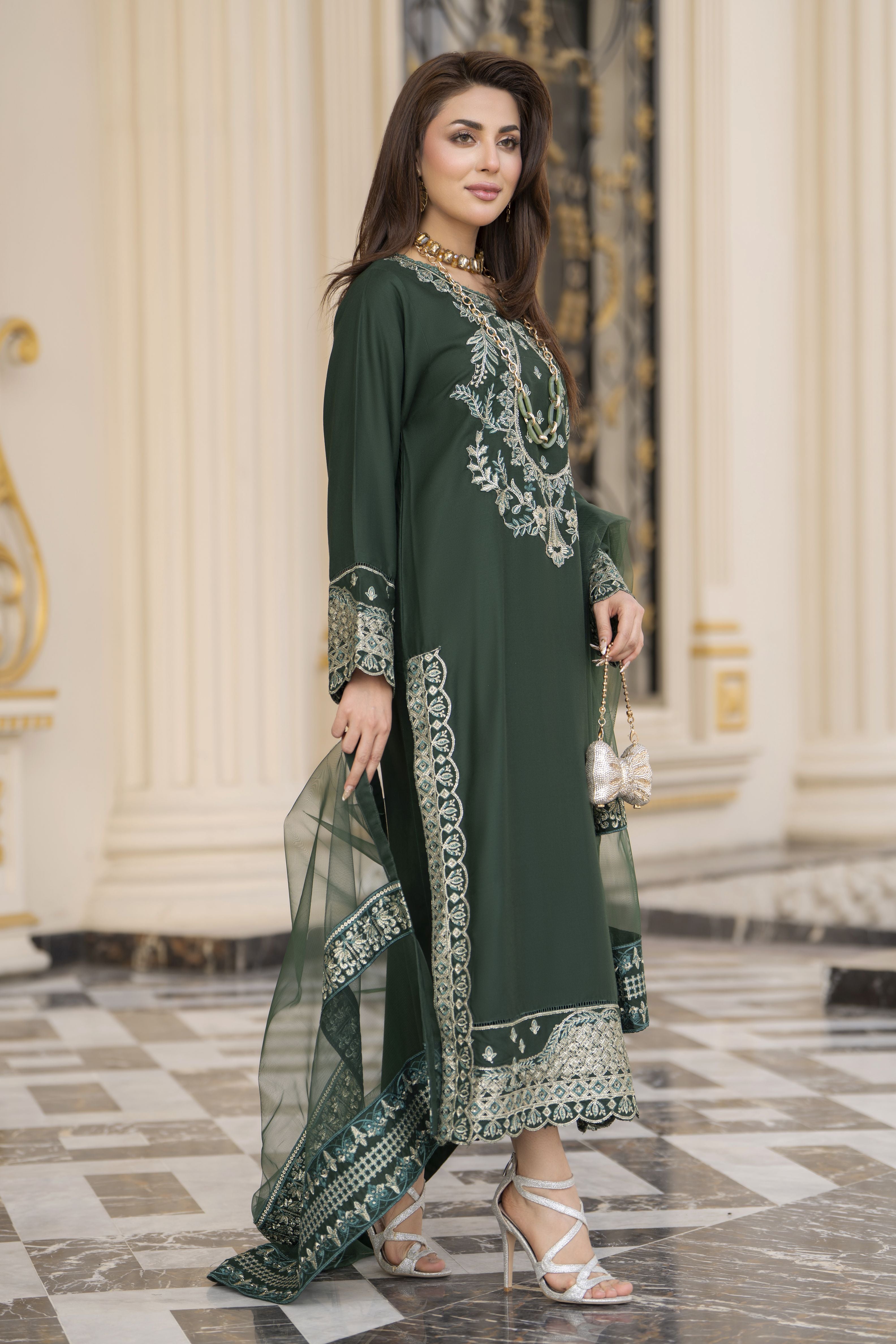 3pc Embroidered Linen Suit with Net Dupatta Soraya SBH6
