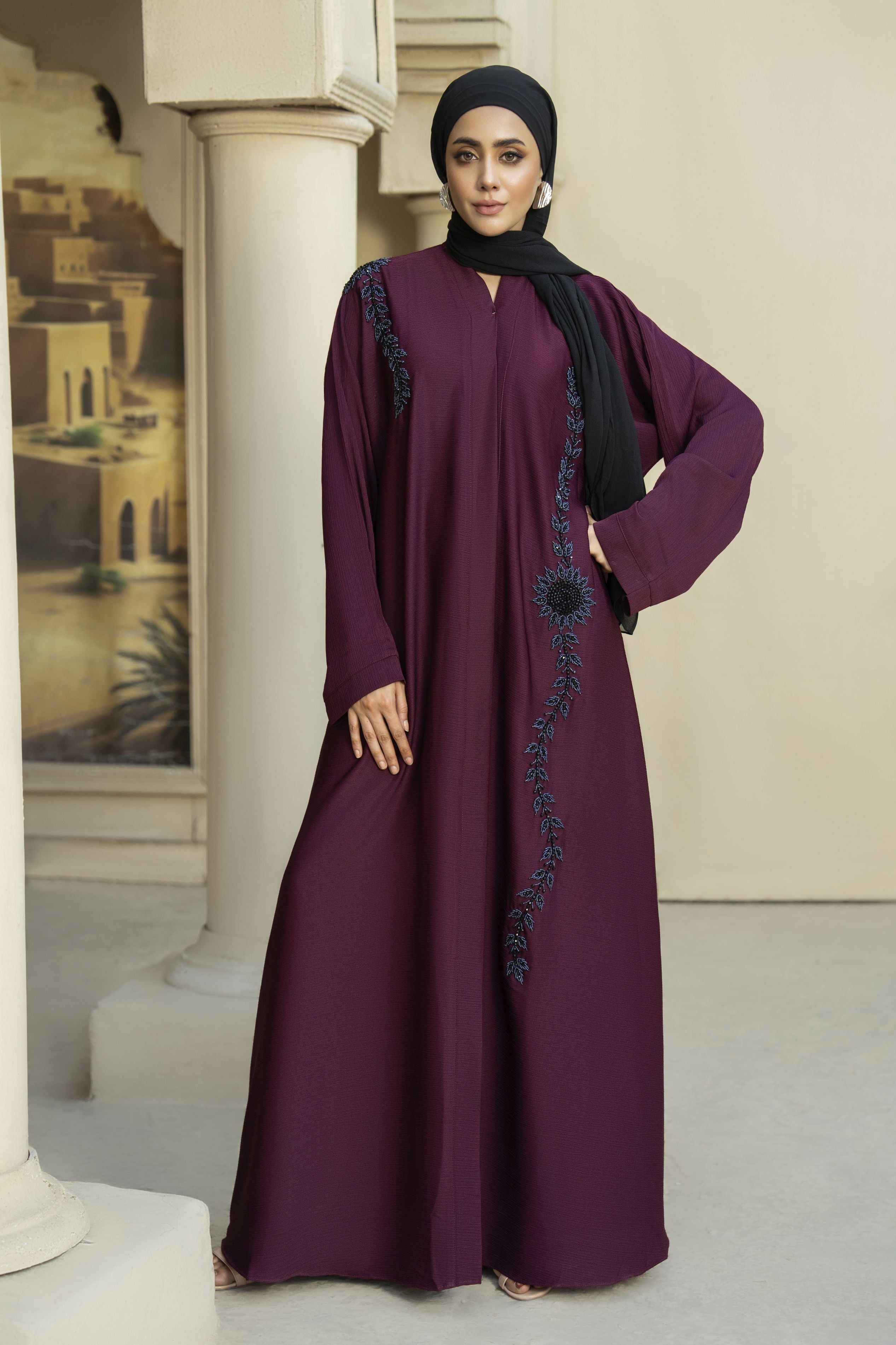 Plum Nida Abaya with Navy Floral Handwork – Zaina Luxe Drapes Collection ZLD10