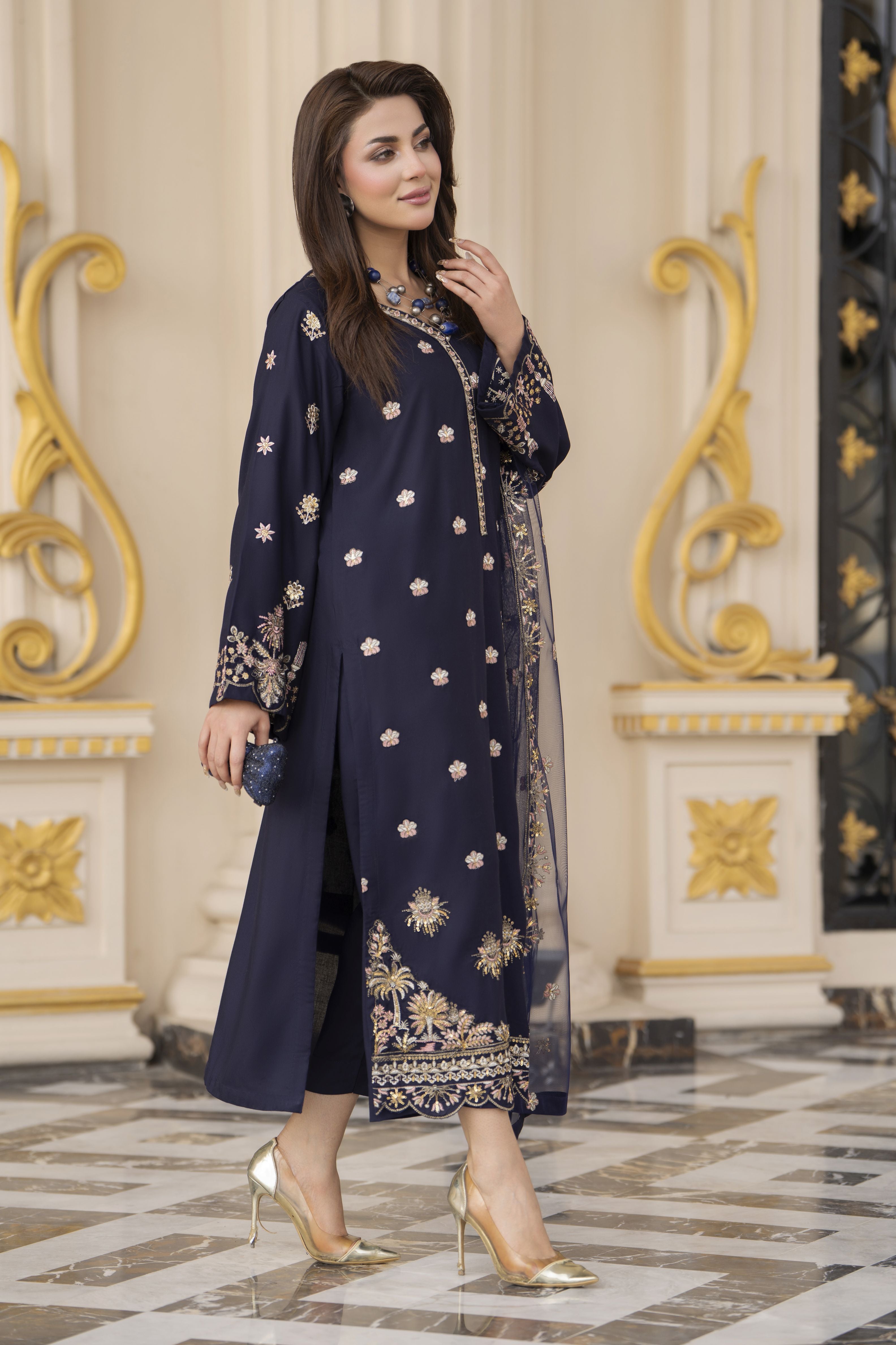 3pc Embroidered Linen Suit with Net Dupatta Soraya SBH1