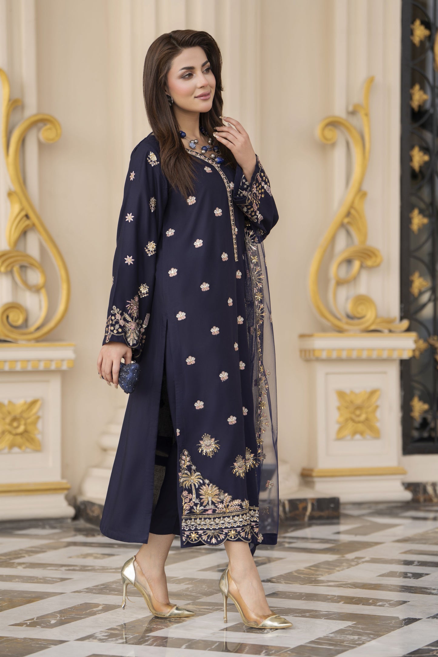 3pc Embroidered Linen Suit with Net Dupatta Soraya SBH1