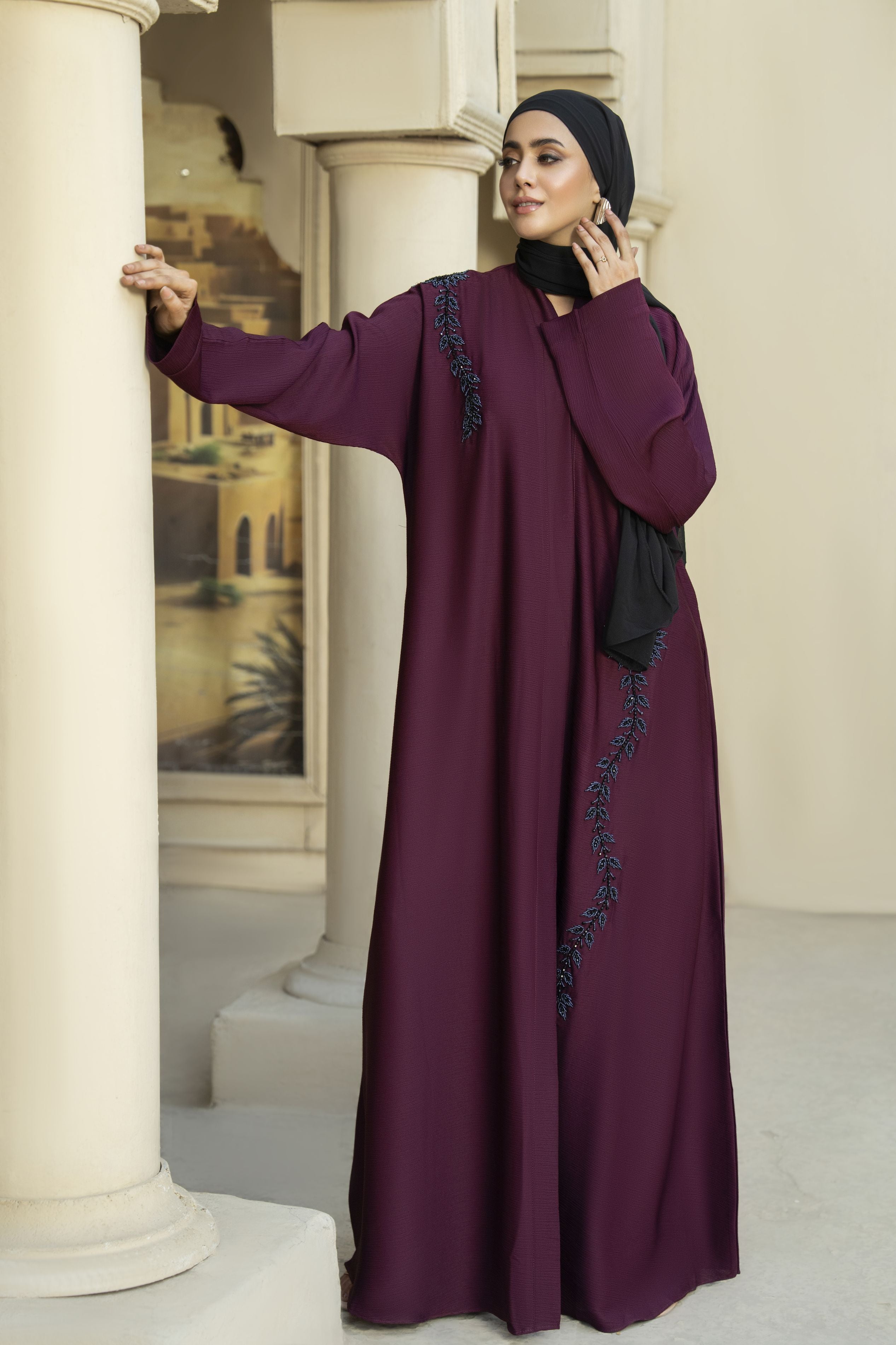 Plum Nida Abaya with Navy Floral Handwork – Zaina Luxe Drapes Collection ZLD10