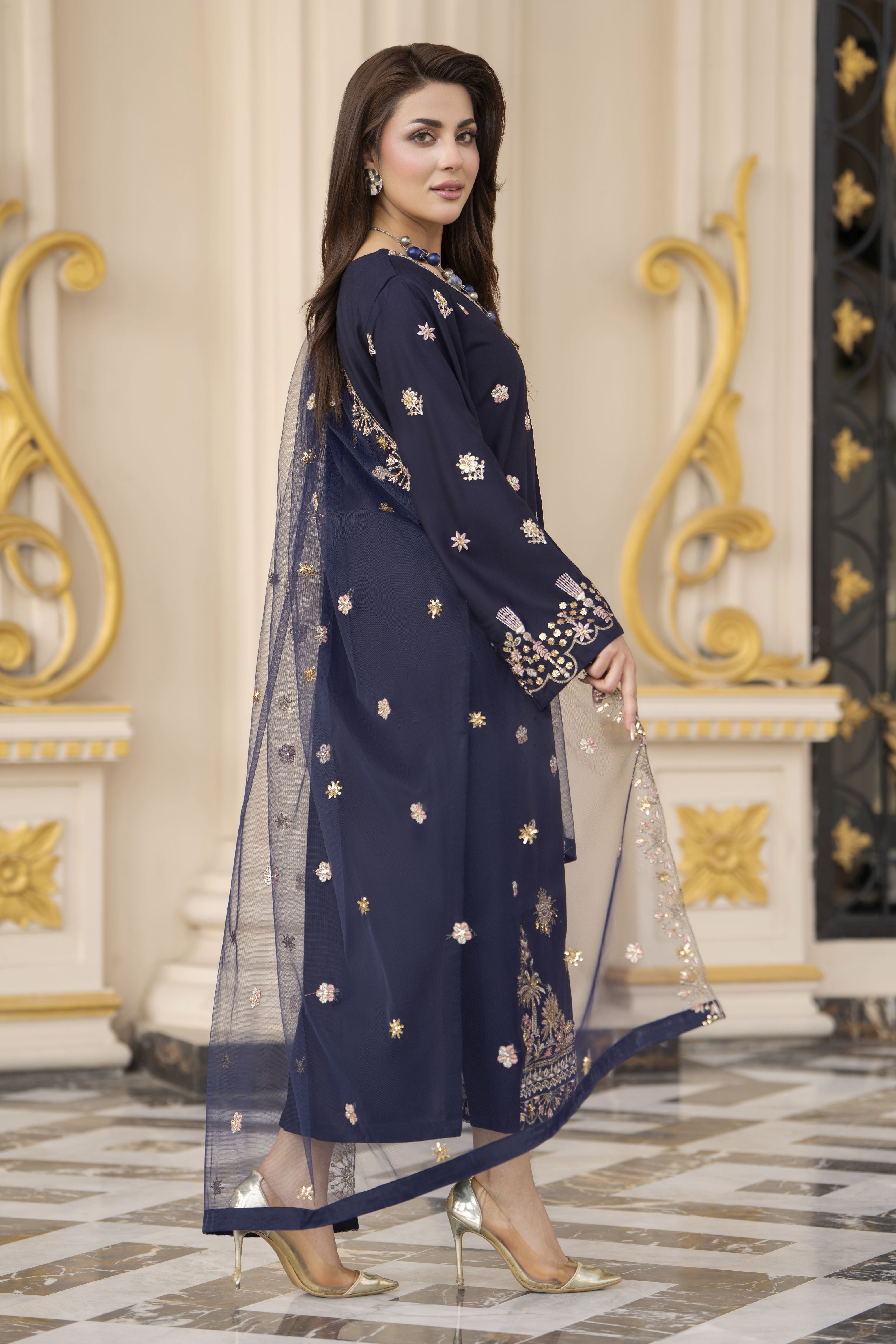 3pc Embroidered Linen Suit with Net Dupatta Soraya SBH1