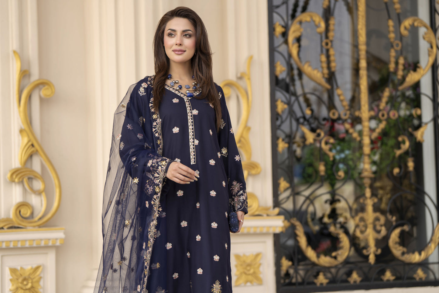 3pc Embroidered Linen Suit with Net Dupatta Soraya SBH1