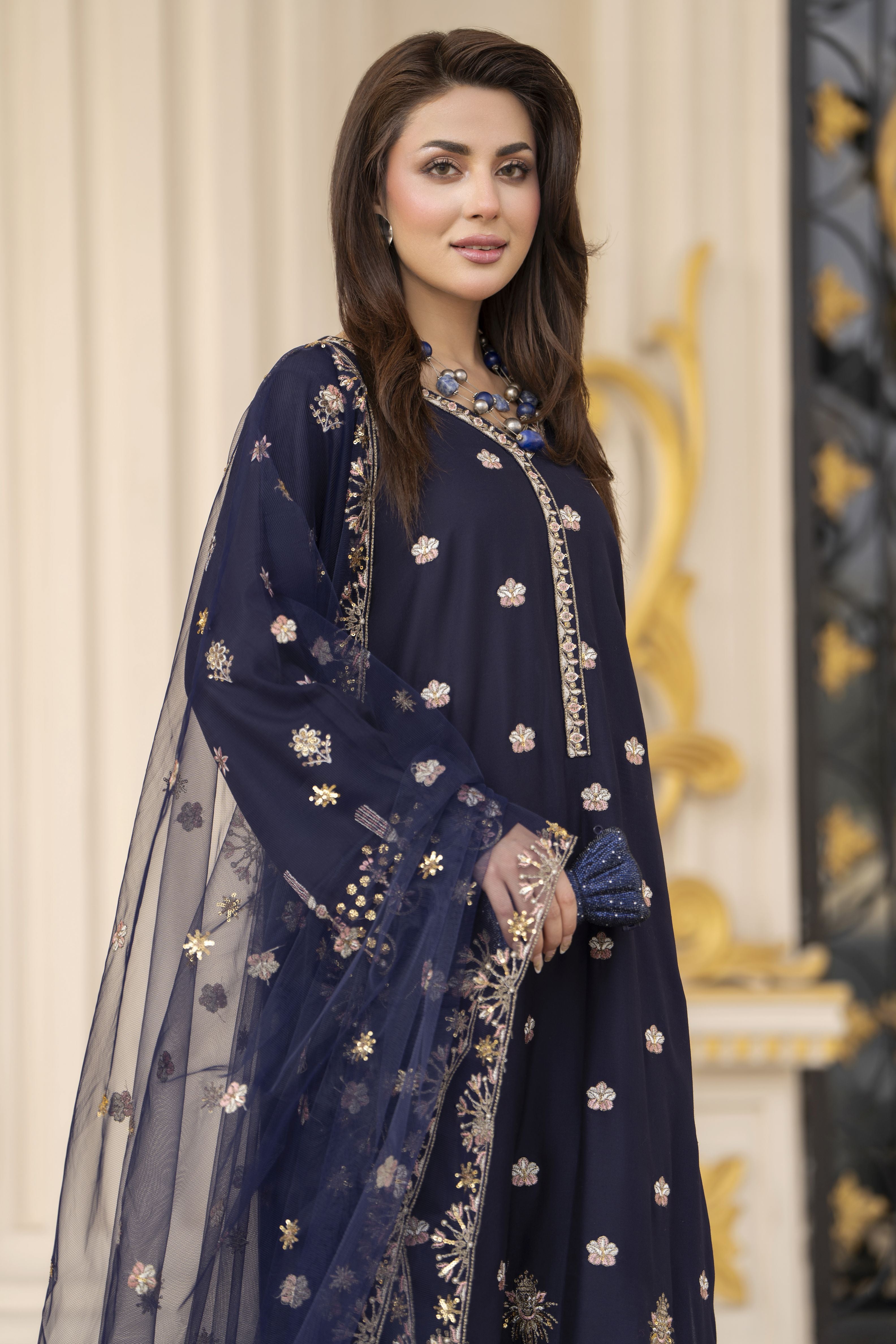 3pc Embroidered Linen Suit with Net Dupatta Soraya SBH1