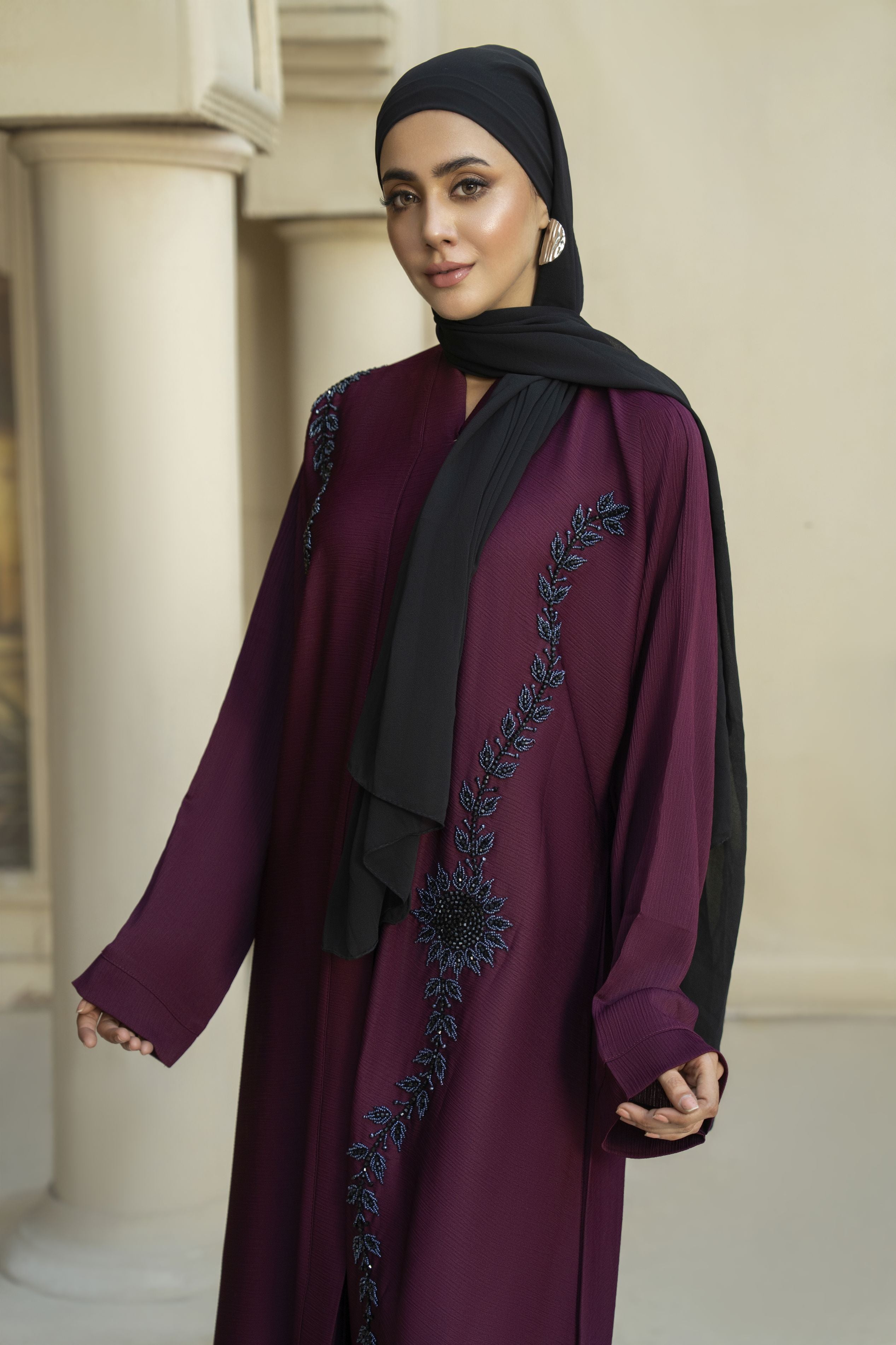Plum Nida Abaya with Navy Floral Handwork – Zaina Luxe Drapes Collection ZLD10