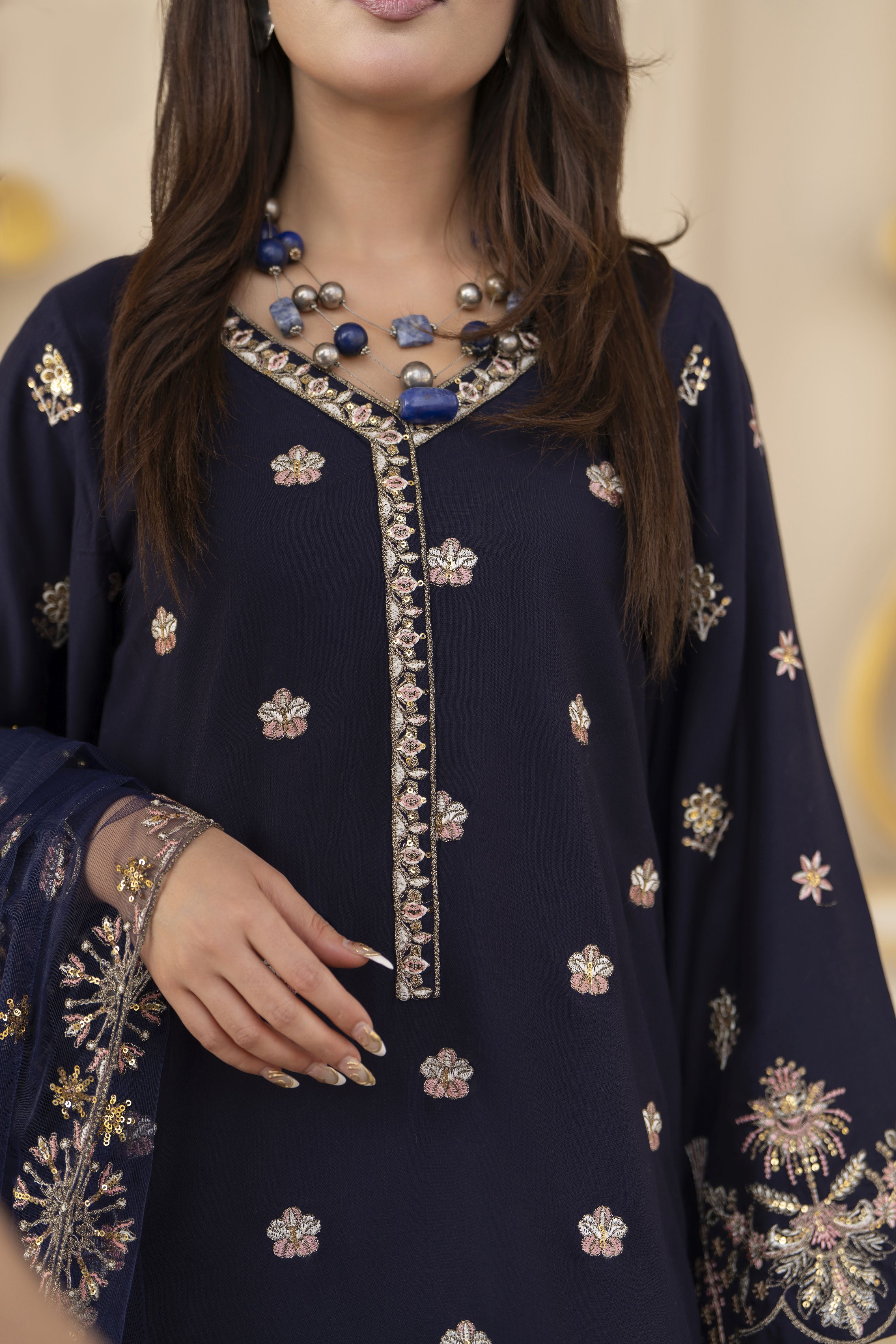 3pc Embroidered Linen Suit with Net Dupatta Soraya SBH1