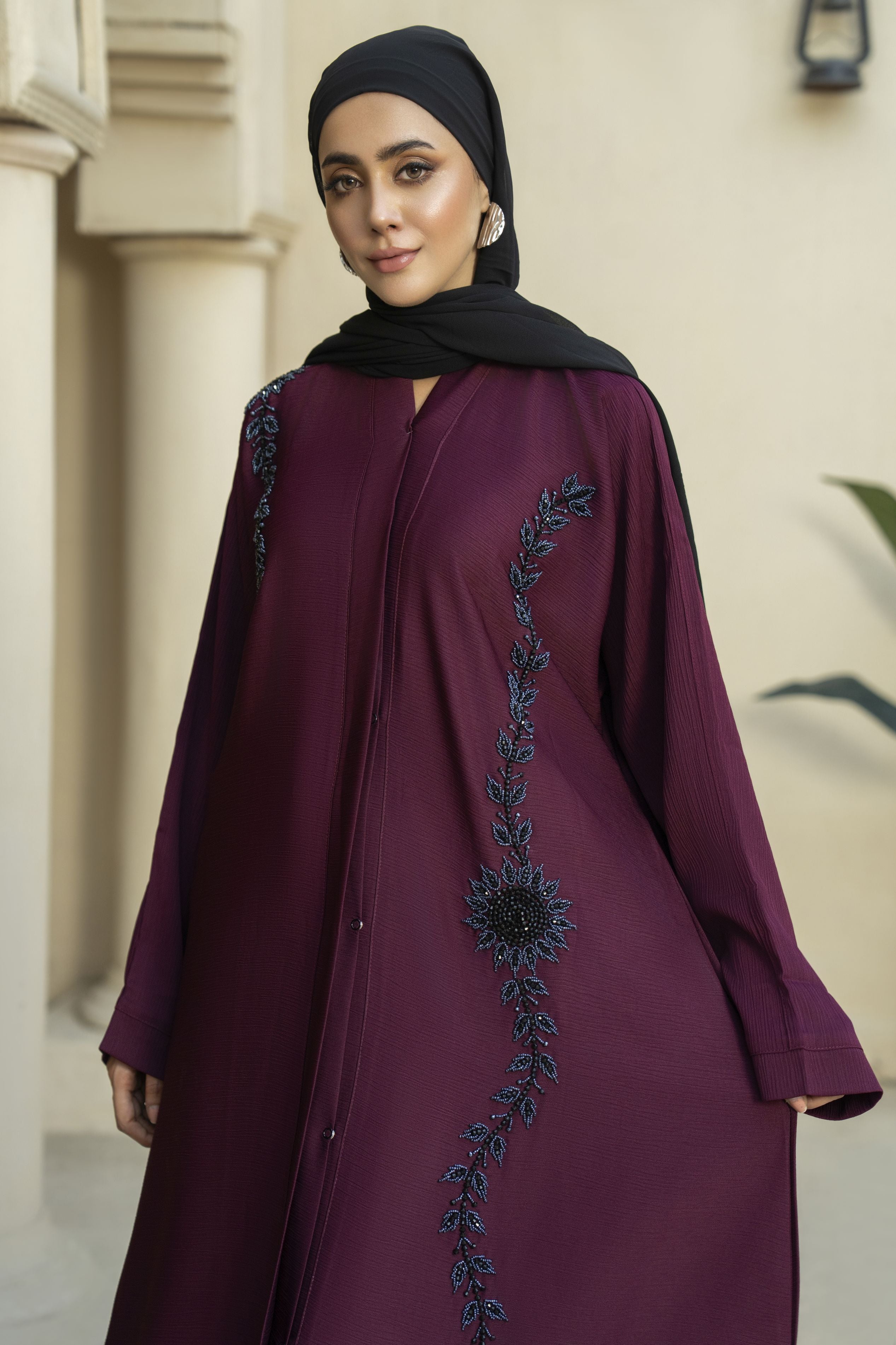 Plum Nida Abaya with Navy Floral Handwork – Zaina Luxe Drapes Collection ZLD10