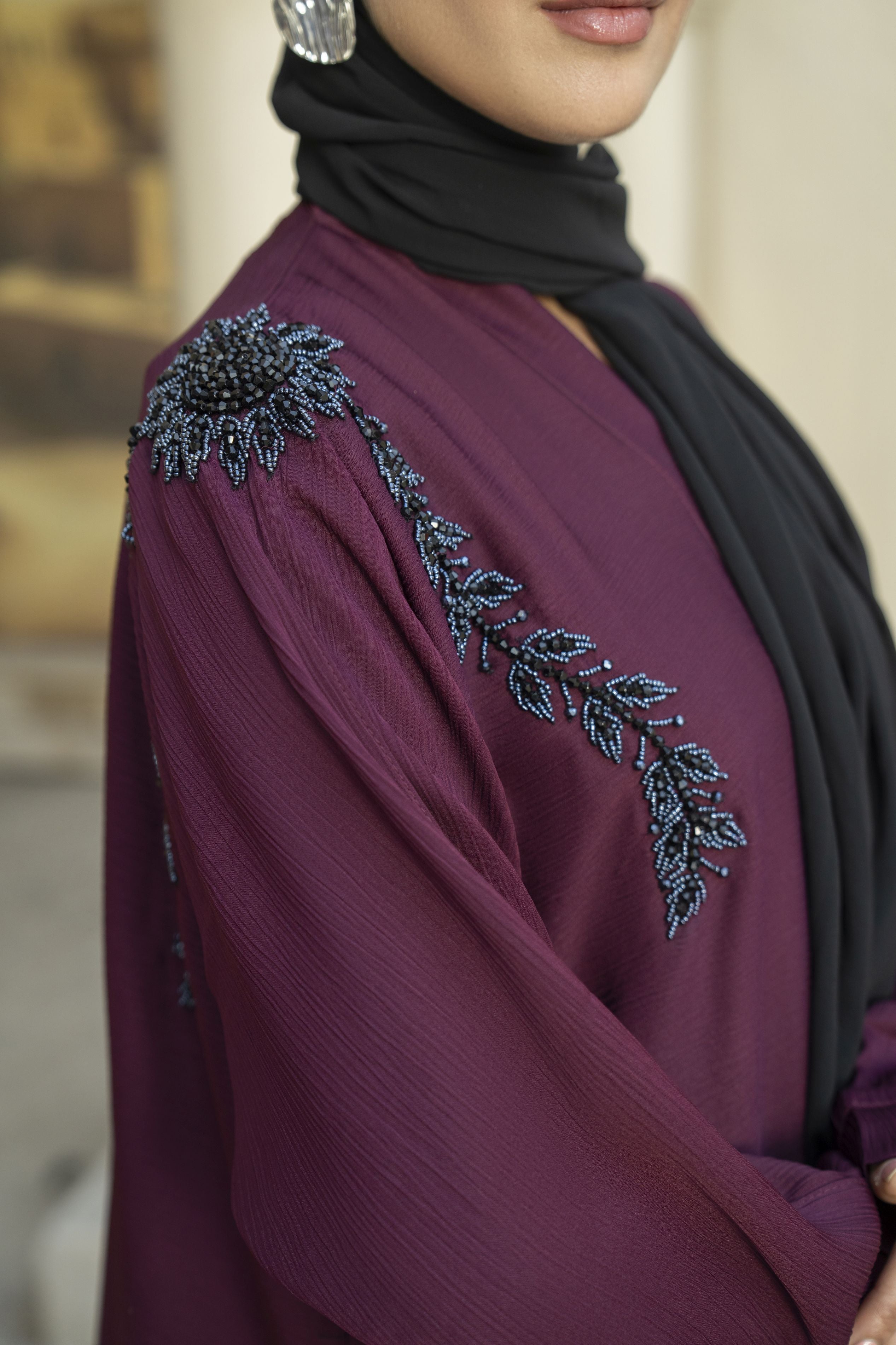 Plum Nida Abaya with Navy Floral Handwork – Zaina Luxe Drapes Collection ZLD10