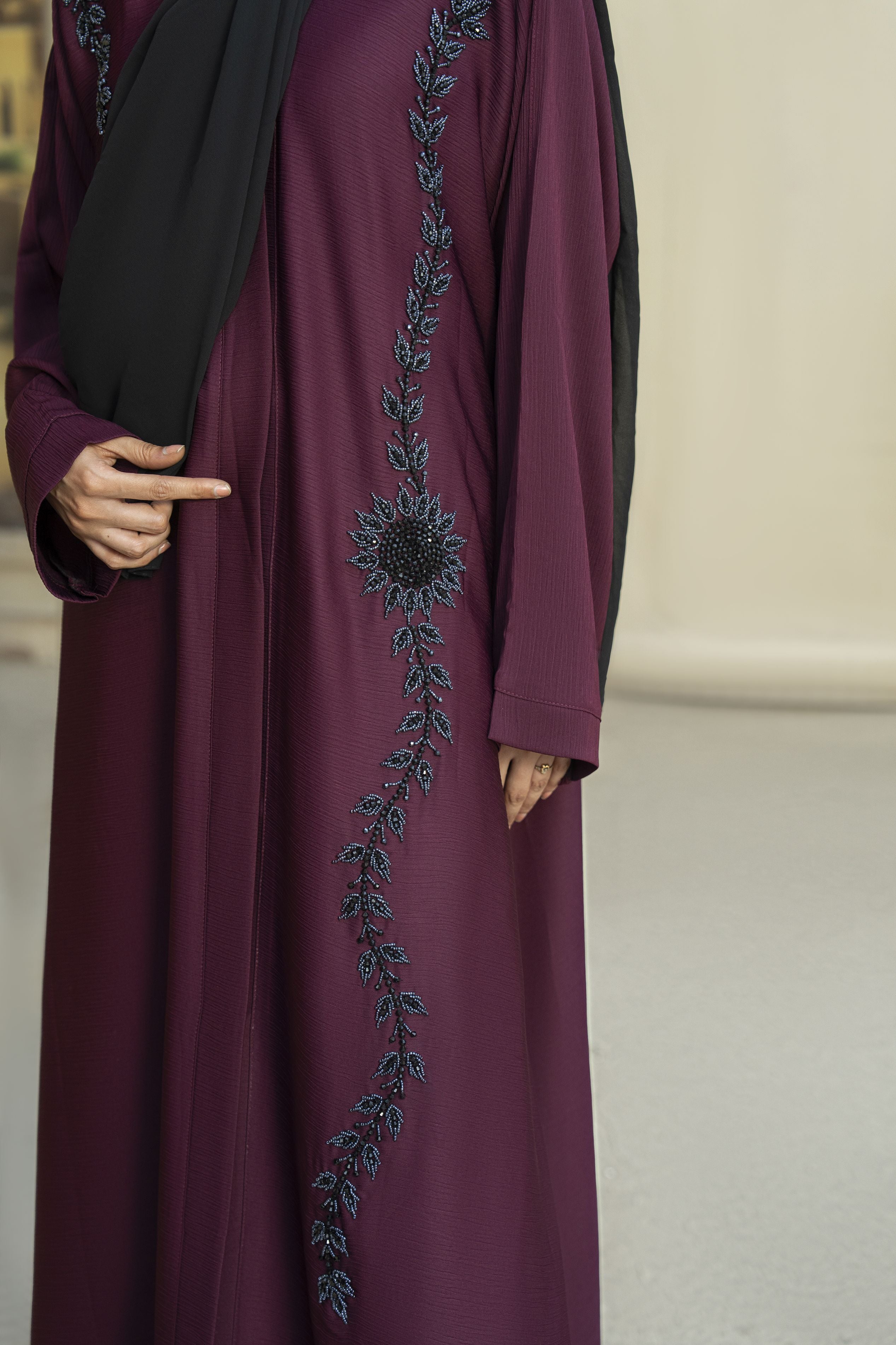 Plum Nida Abaya with Navy Floral Handwork – Zaina Luxe Drapes Collection ZLD10