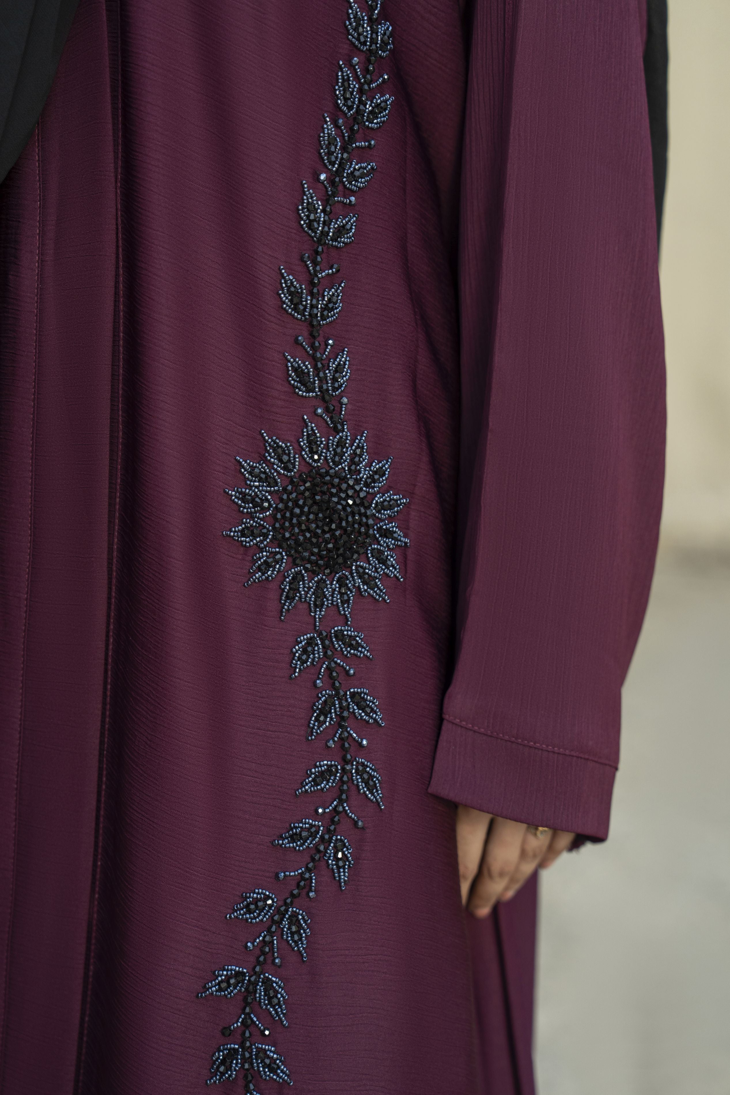 Plum Nida Abaya with Navy Floral Handwork – Zaina Luxe Drapes Collection ZLD10