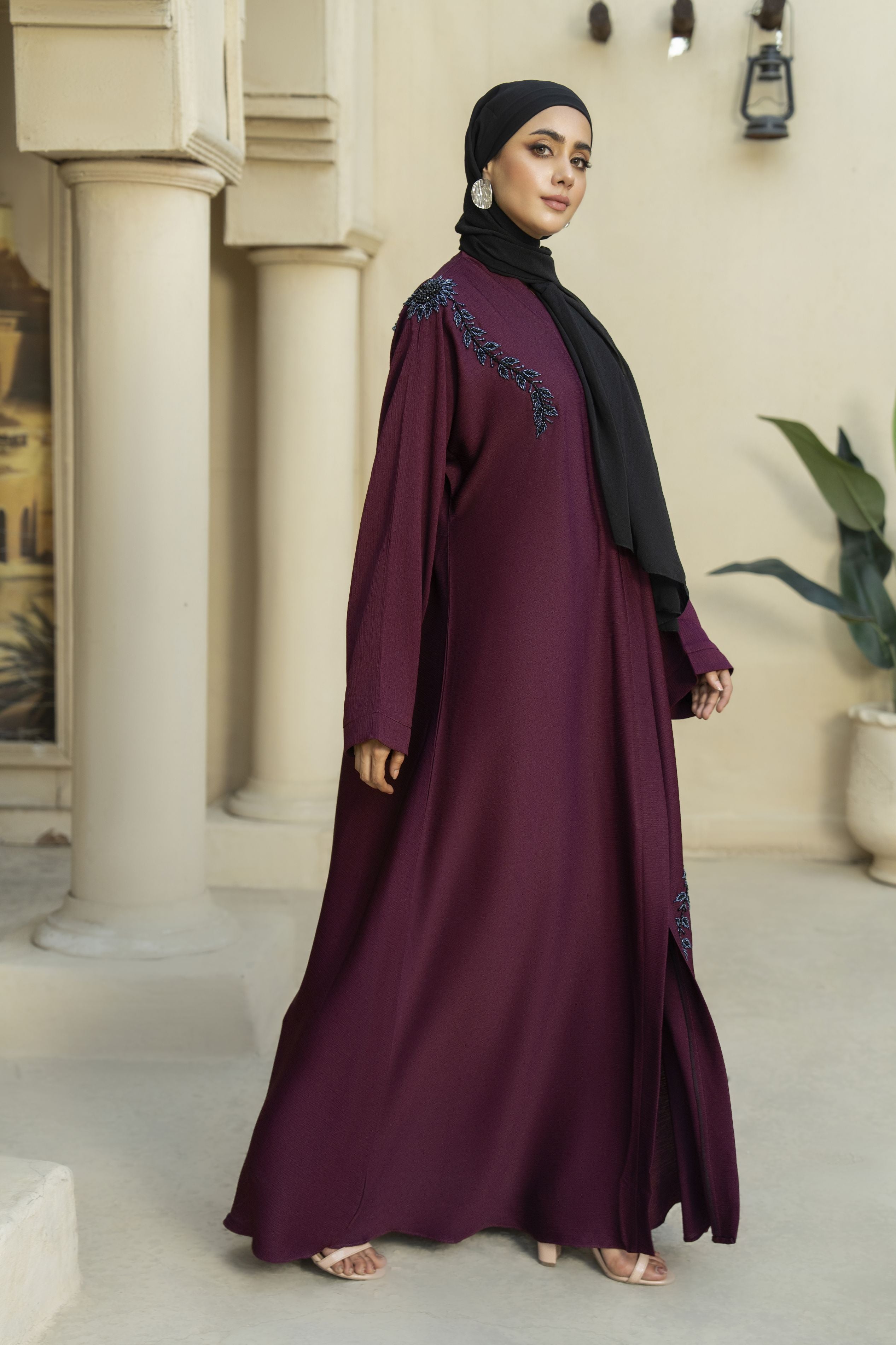 Plum Nida Abaya with Navy Floral Handwork – Zaina Luxe Drapes Collection ZLD10