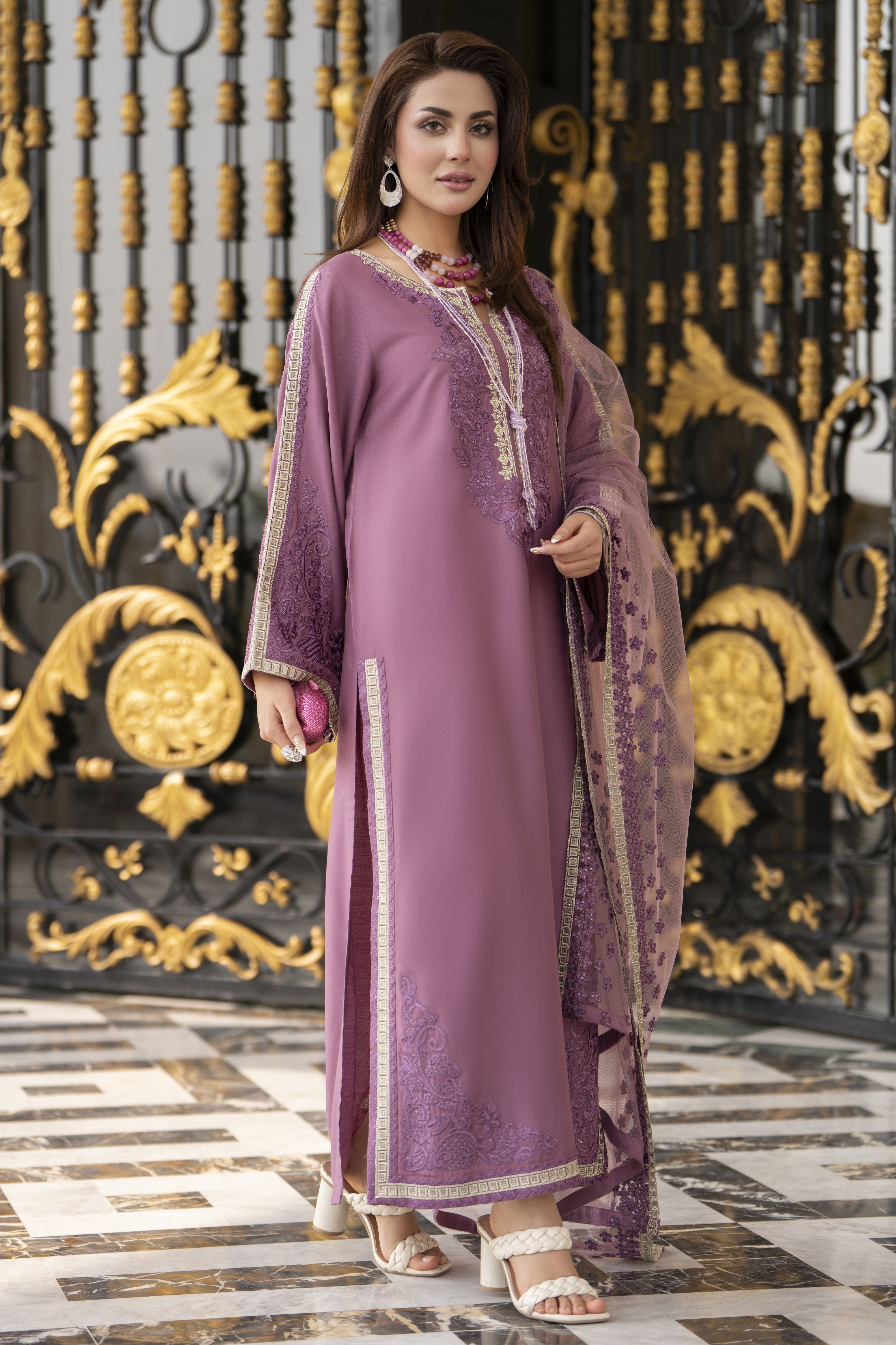 3pc Embroidered Linen Suit with Net Dupatta Soraya SBH10
