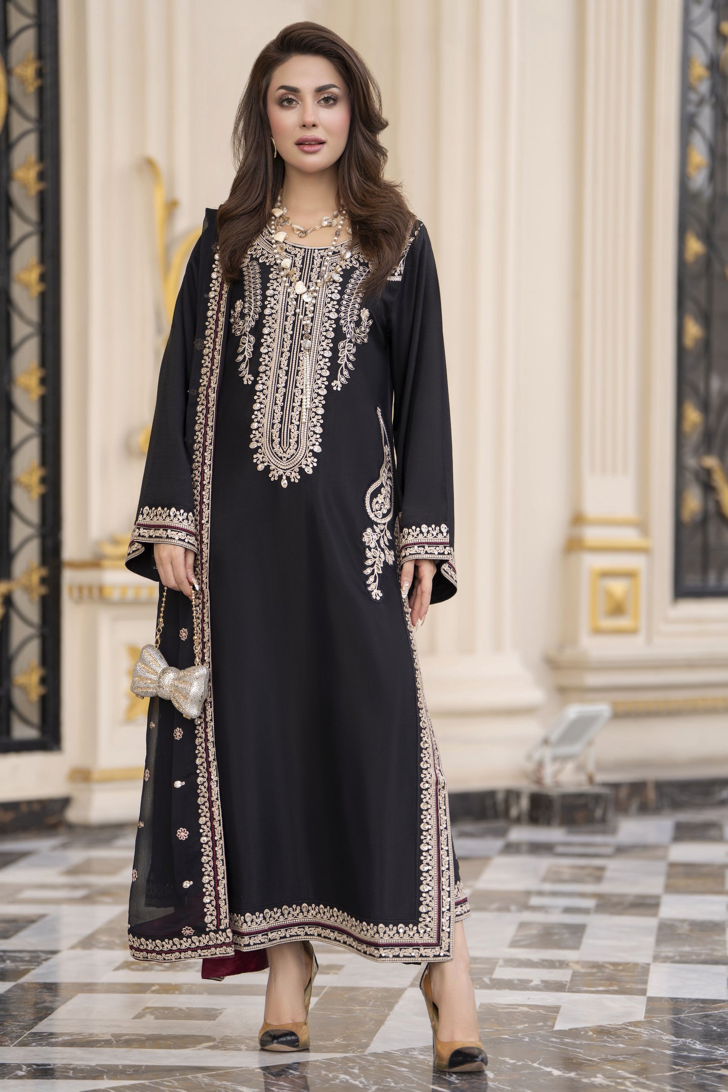 Reshmi RA9 Black Embroidered 3pc Raw Silk Suit with Chiffon Dupatta