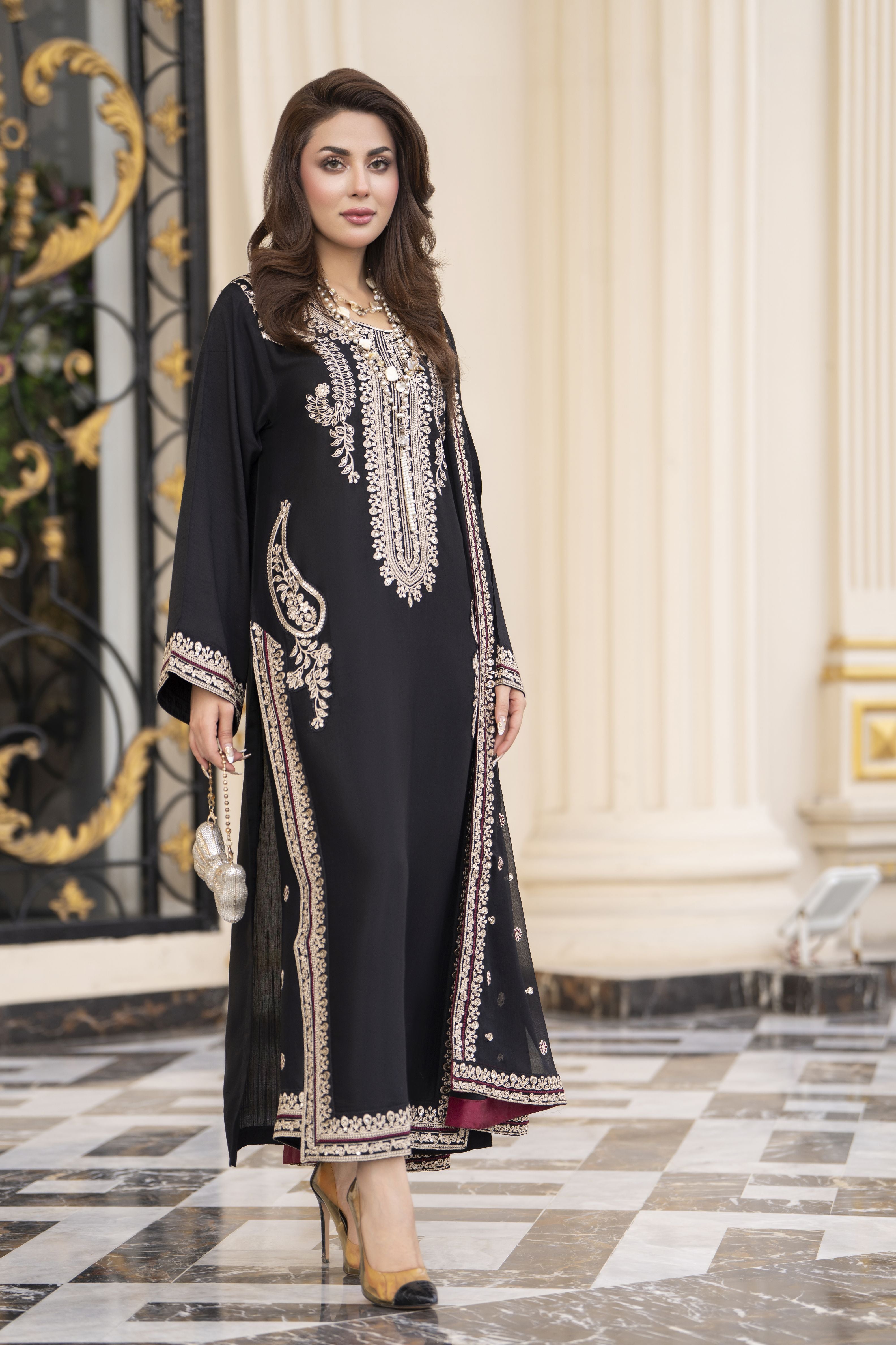 Reshmi RA9 Black Embroidered 3pc Raw Silk Suit with Chiffon Dupatta