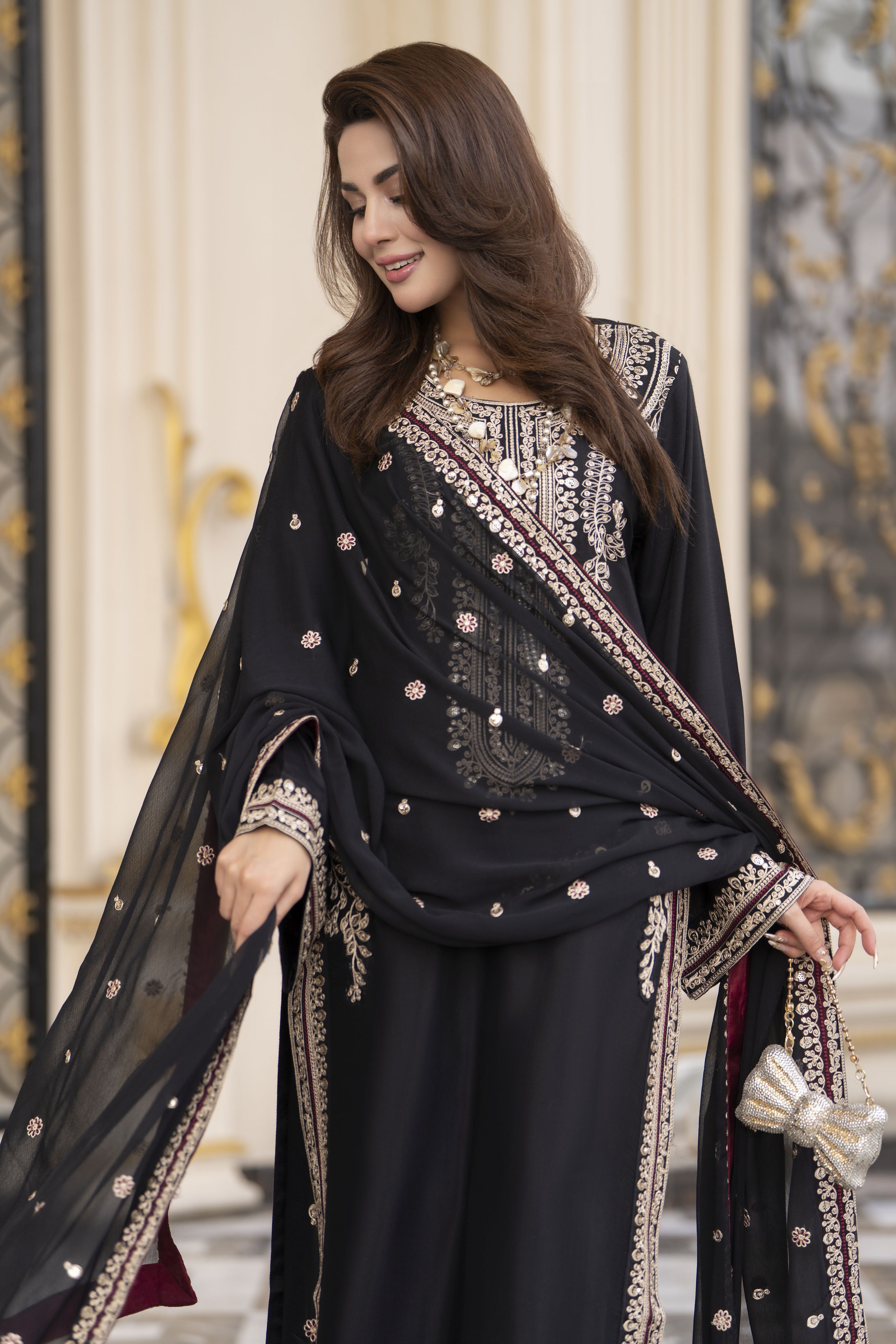 Reshmi RA9 Black Embroidered 3pc Raw Silk Suit with Chiffon Dupatta