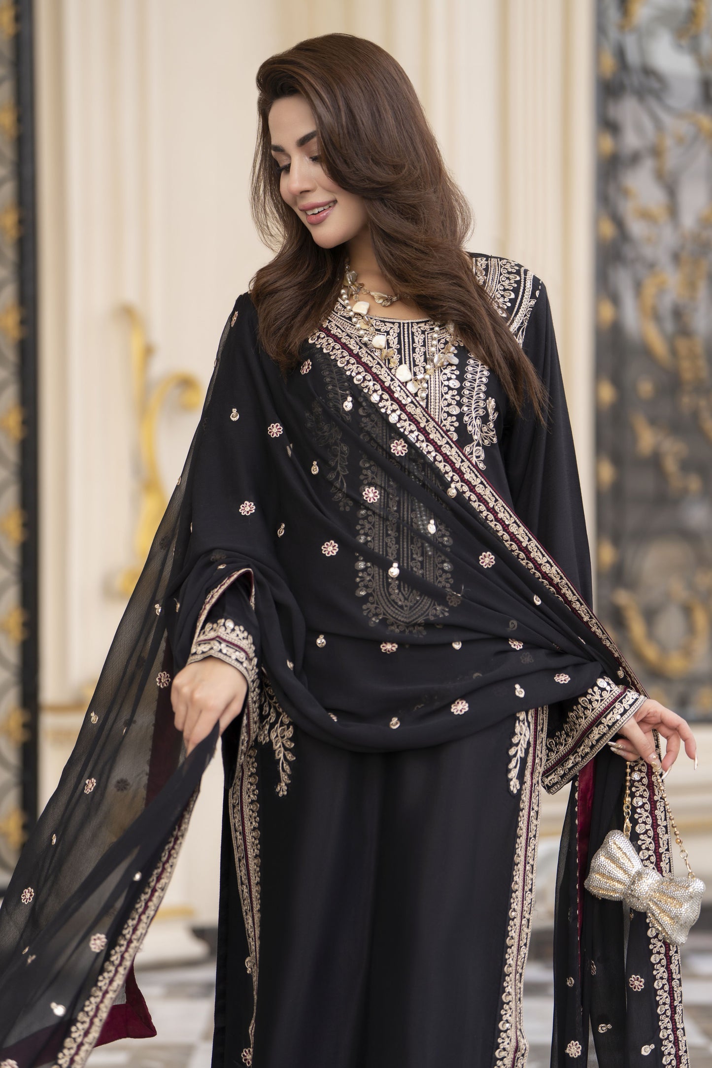 Reshmi RA9 Black Embroidered 3pc Raw Silk Suit with Chiffon Dupatta