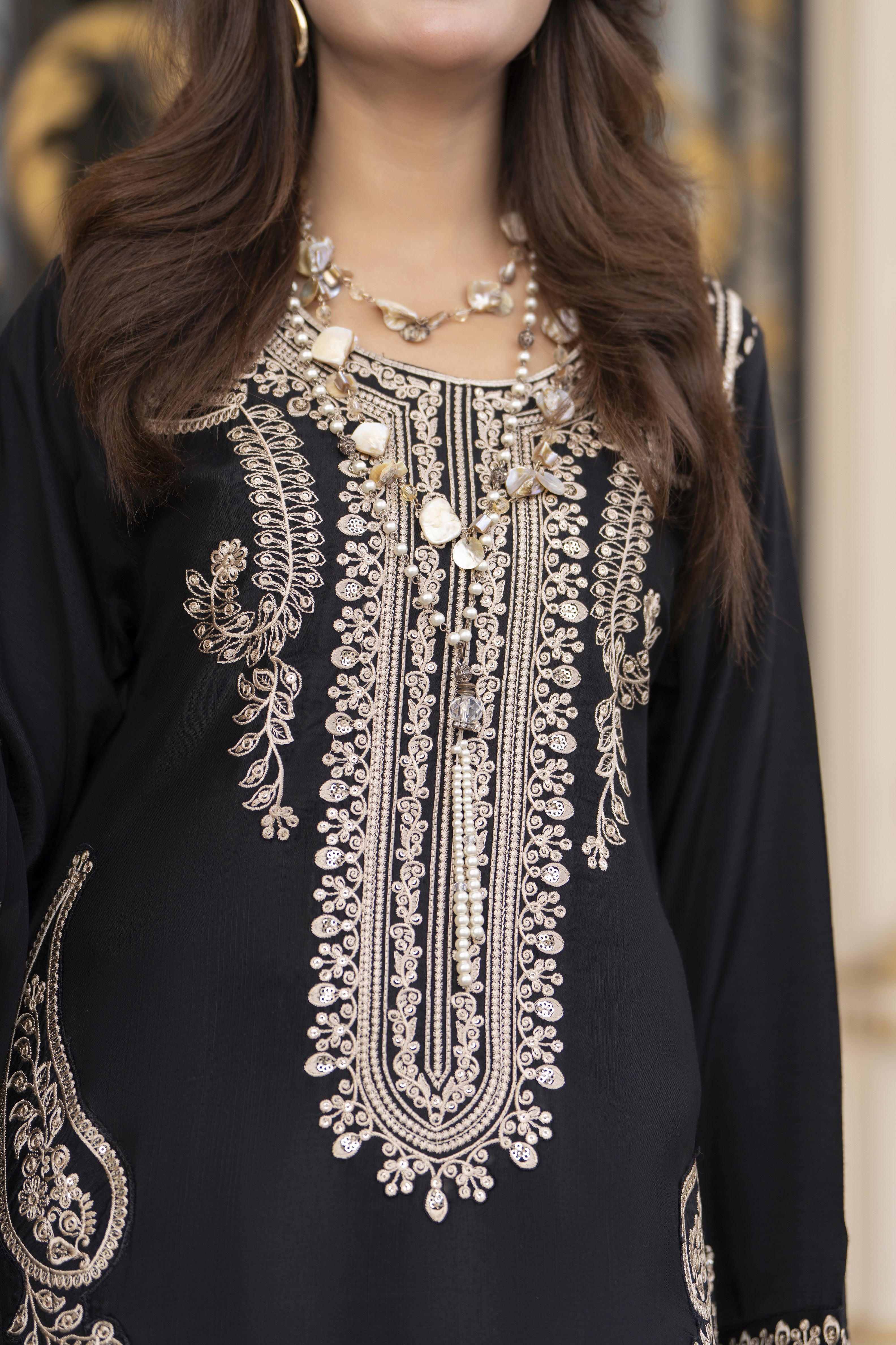 Reshmi RA9 Black Embroidered 3pc Raw Silk Suit with Chiffon Dupatta