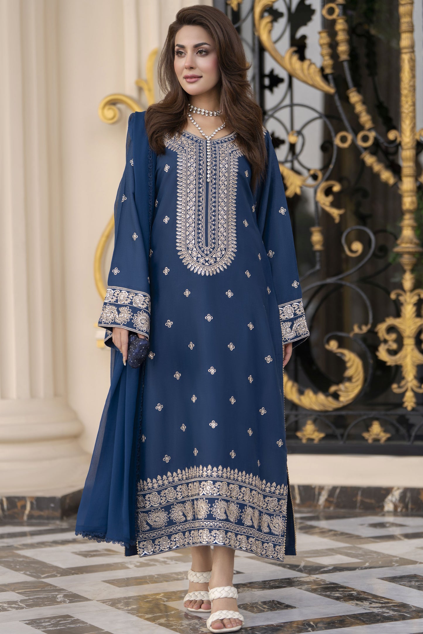 Reshmi RA6 Blue Embroidered 3pc Raw Silk Suit with Chiffon Dupatta