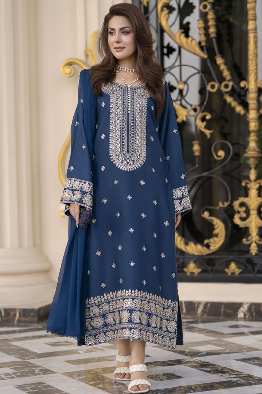 Reshmi RA6 Blue Embroidered 3pc Raw Silk Suit with Chiffon Dupatta