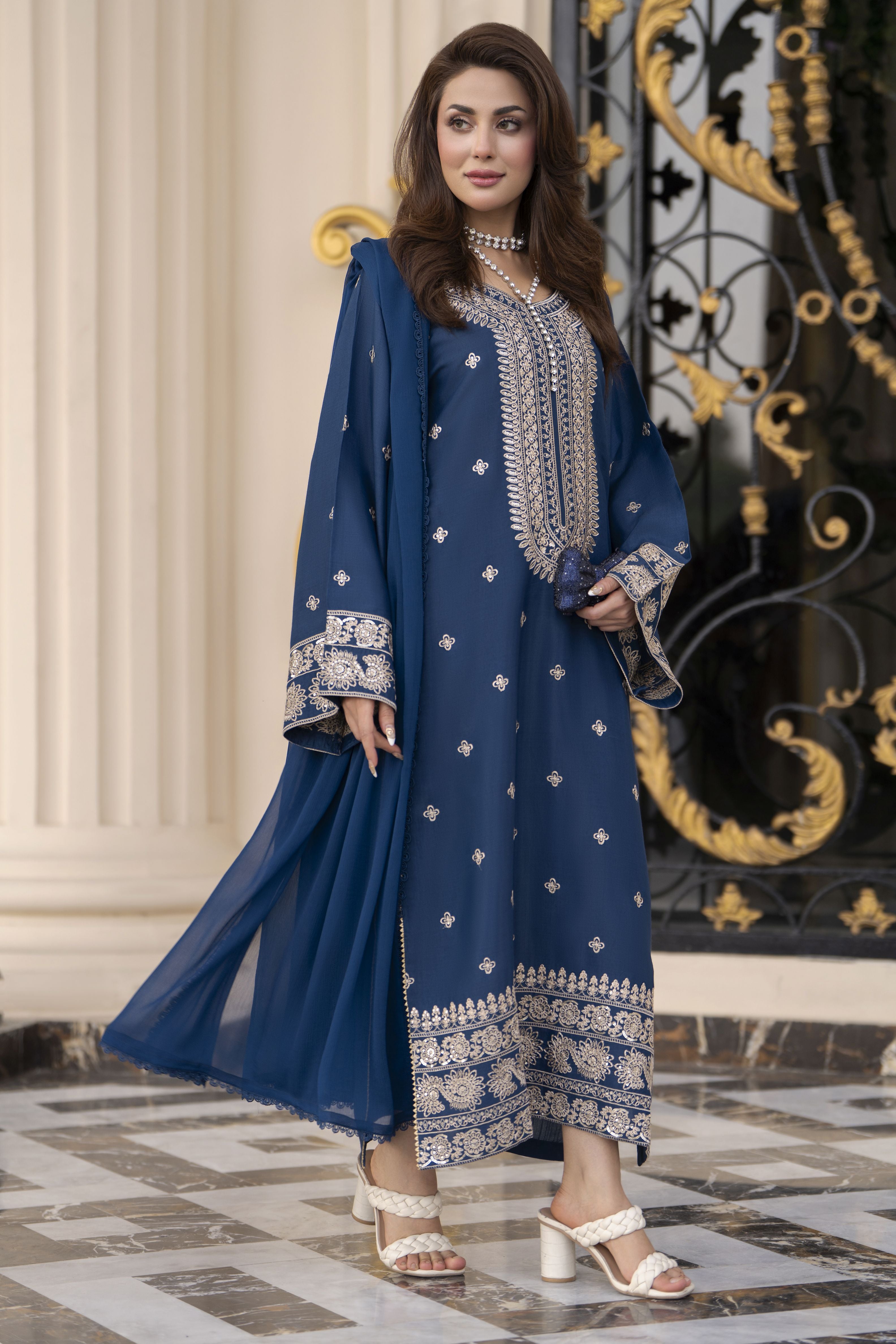 Reshmi RA6 Blue Embroidered 3pc Raw Silk Suit with Chiffon Dupatta