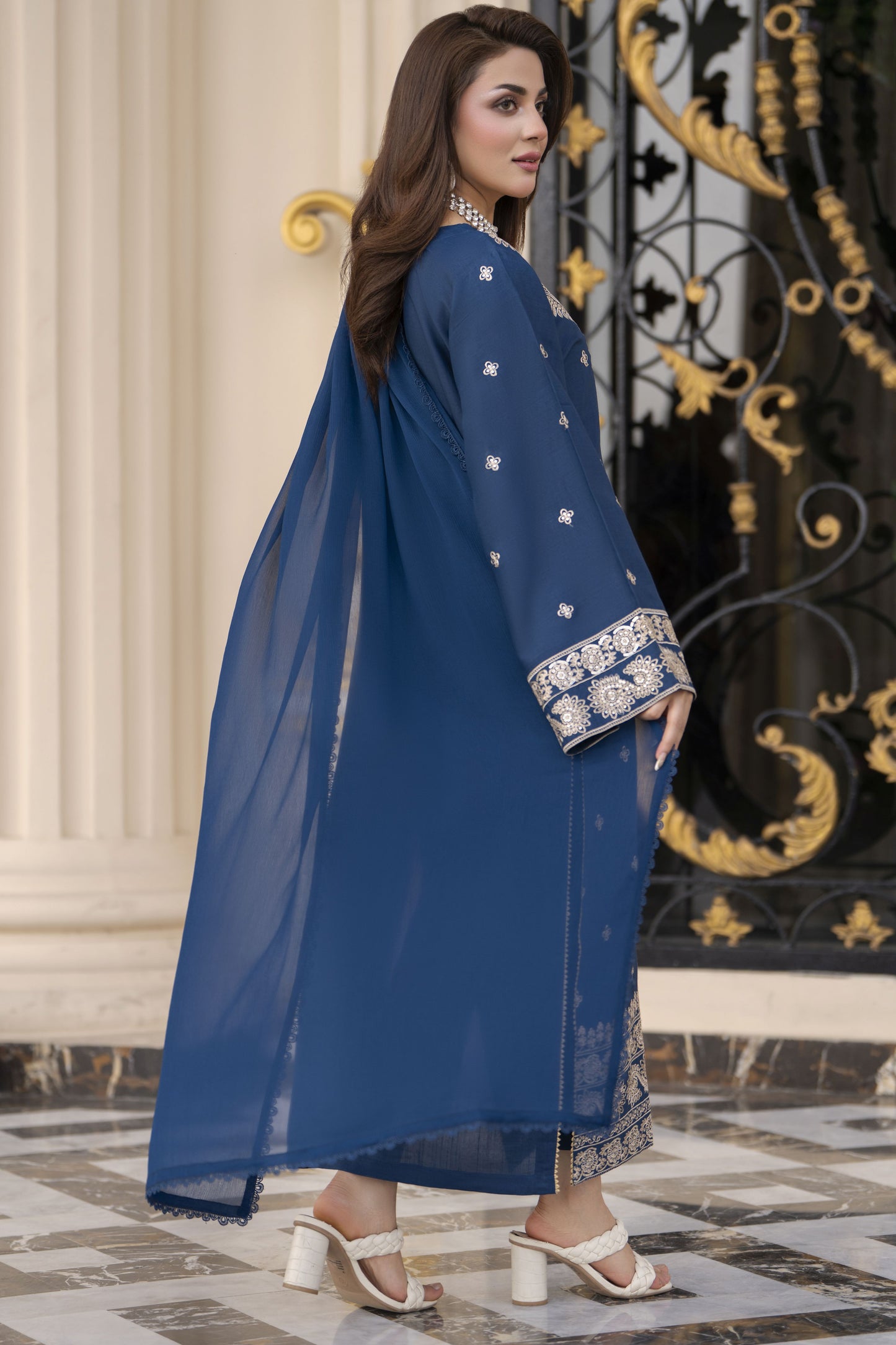 Reshmi RA6 Blue Embroidered 3pc Raw Silk Suit with Chiffon Dupatta