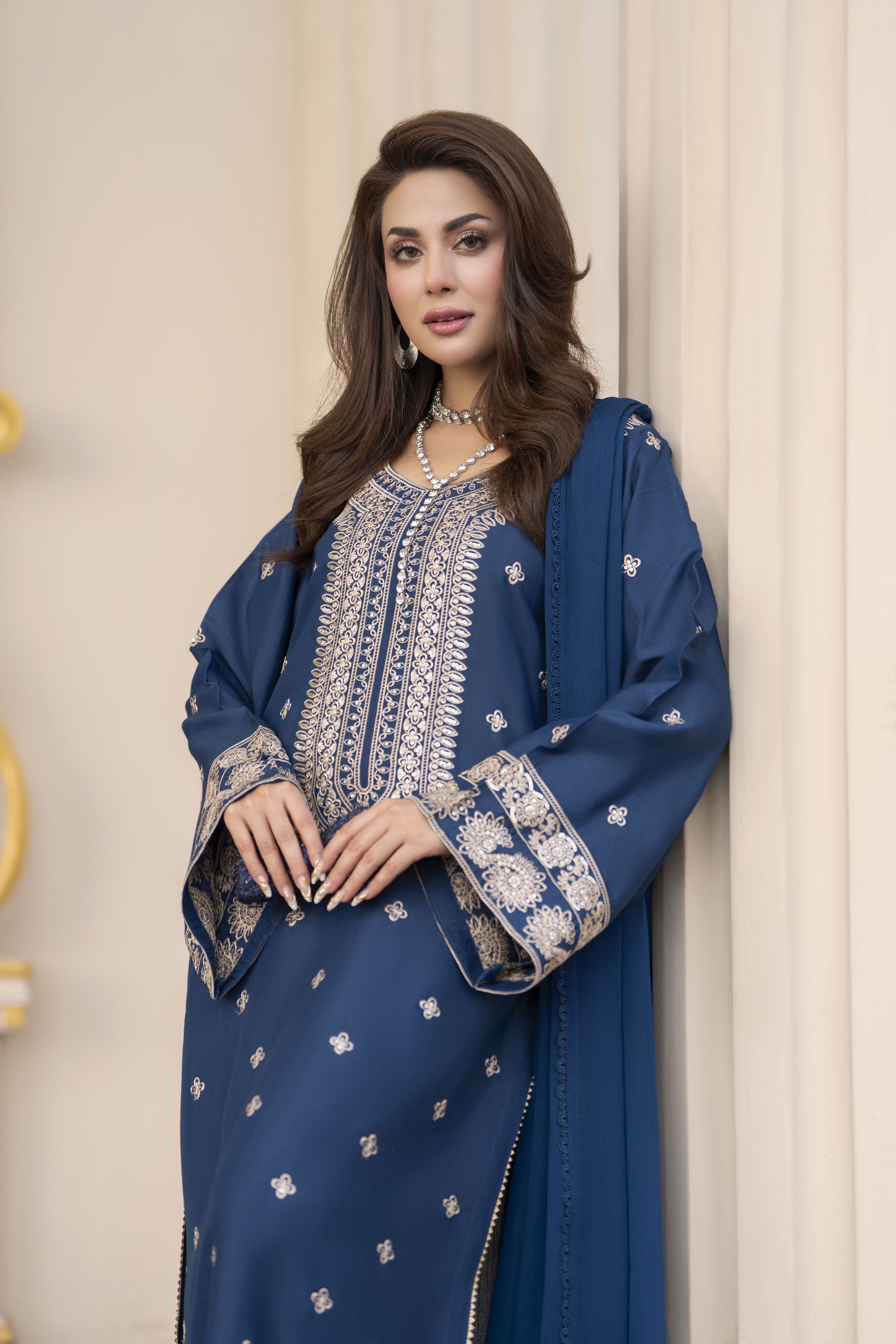 Reshmi RA6 Blue Embroidered 3pc Raw Silk Suit with Chiffon Dupatta