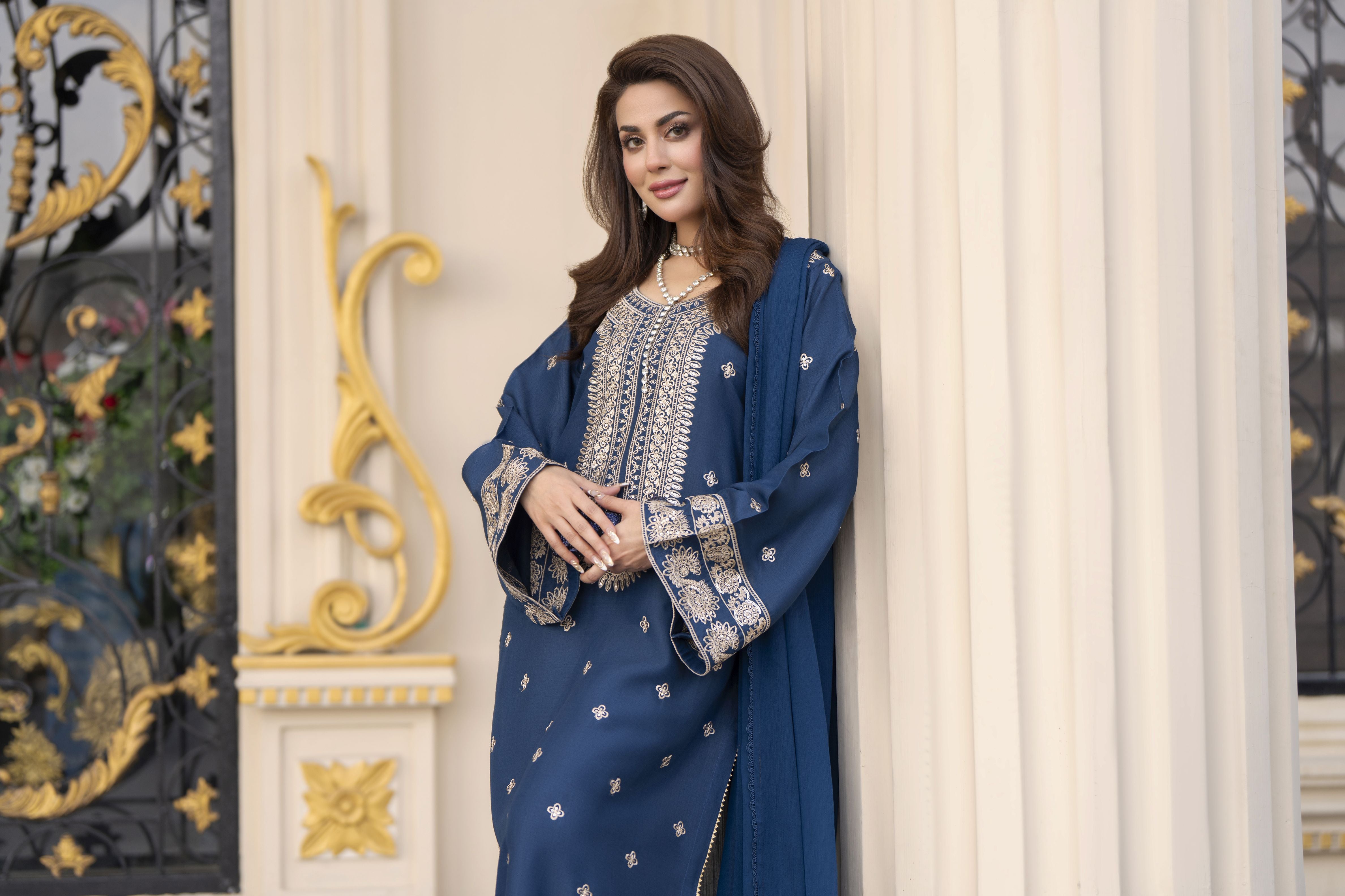Reshmi RA6 Blue Embroidered 3pc Raw Silk Suit with Chiffon Dupatta
