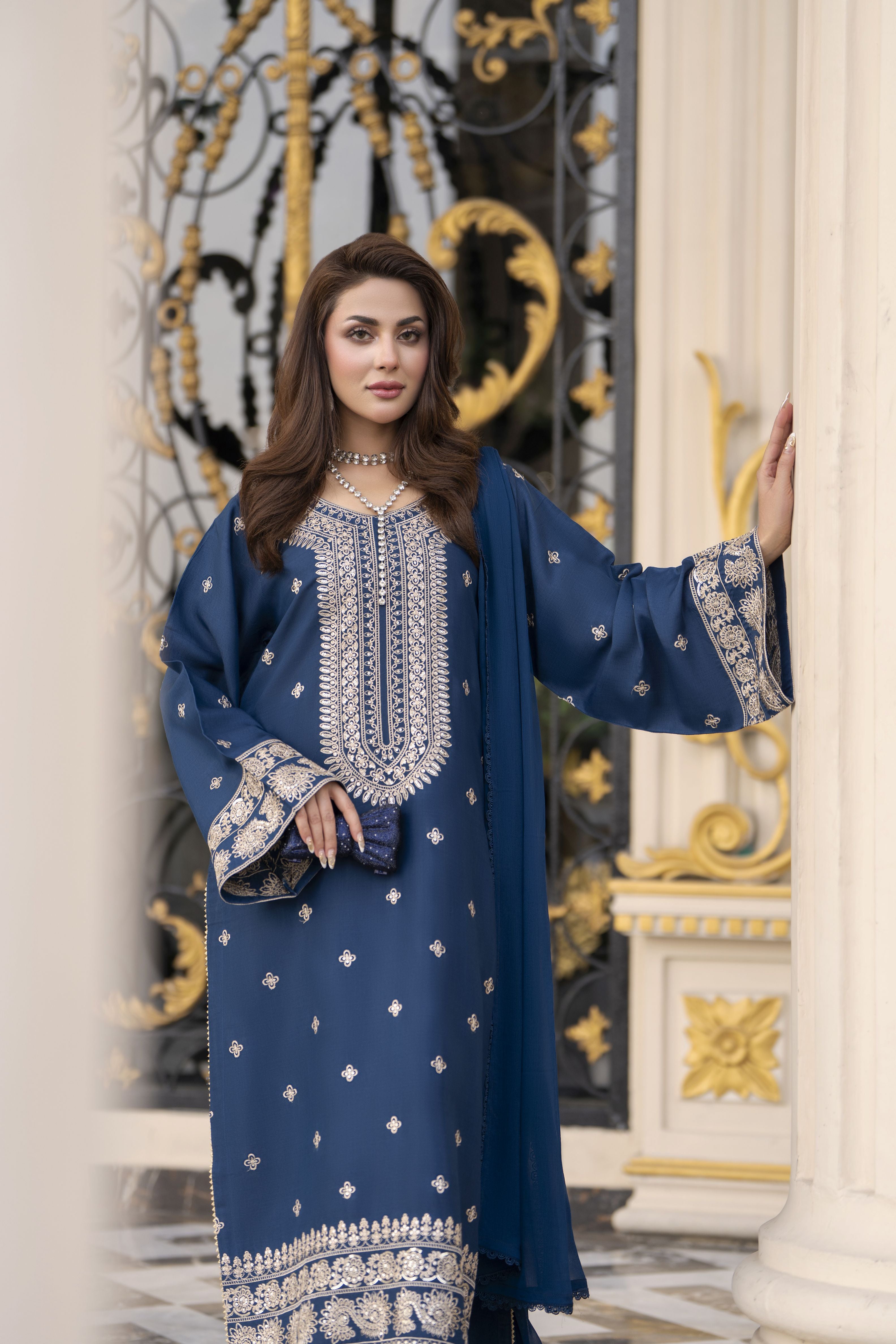 Reshmi RA6 Blue Embroidered 3pc Raw Silk Suit with Chiffon Dupatta