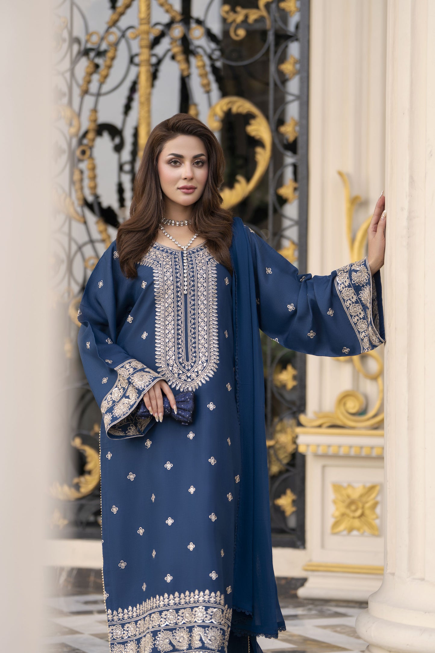 Reshmi RA6 Blue Embroidered 3pc Raw Silk Suit with Chiffon Dupatta