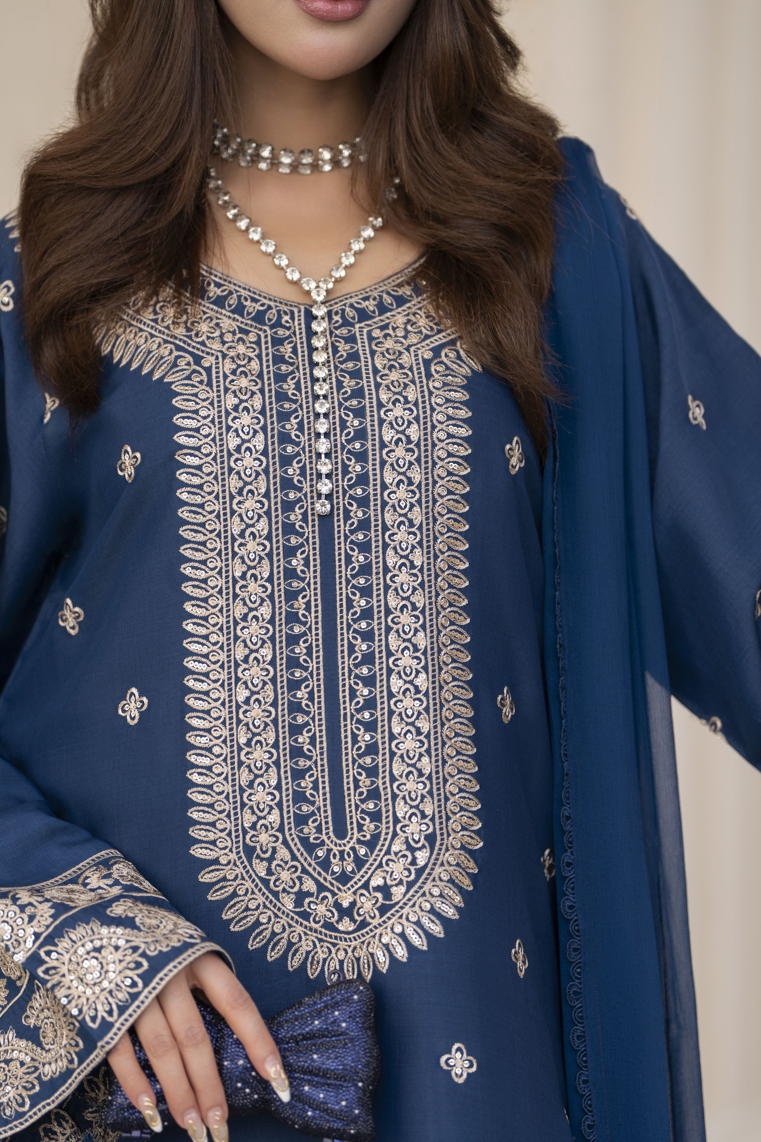 Reshmi RA6 Blue Embroidered 3pc Raw Silk Suit with Chiffon Dupatta