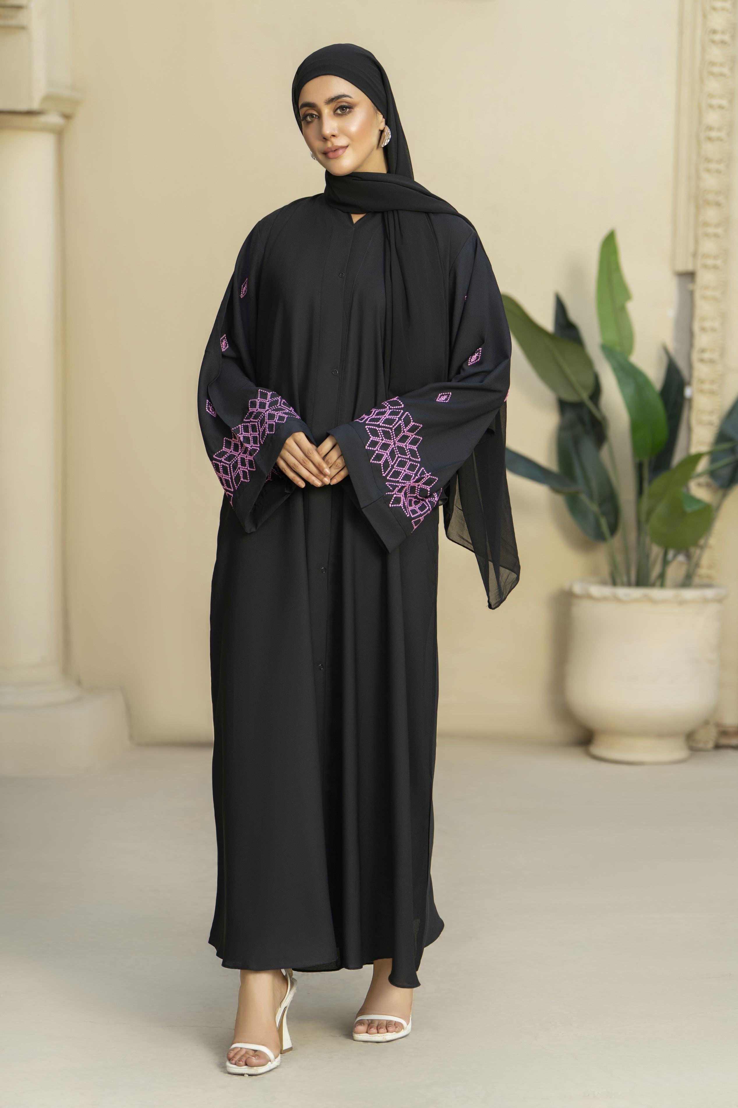 Black Georgette Abaya with Pink Geometric Embroidery – Zaina Luxe Drapes Collection ZLD2