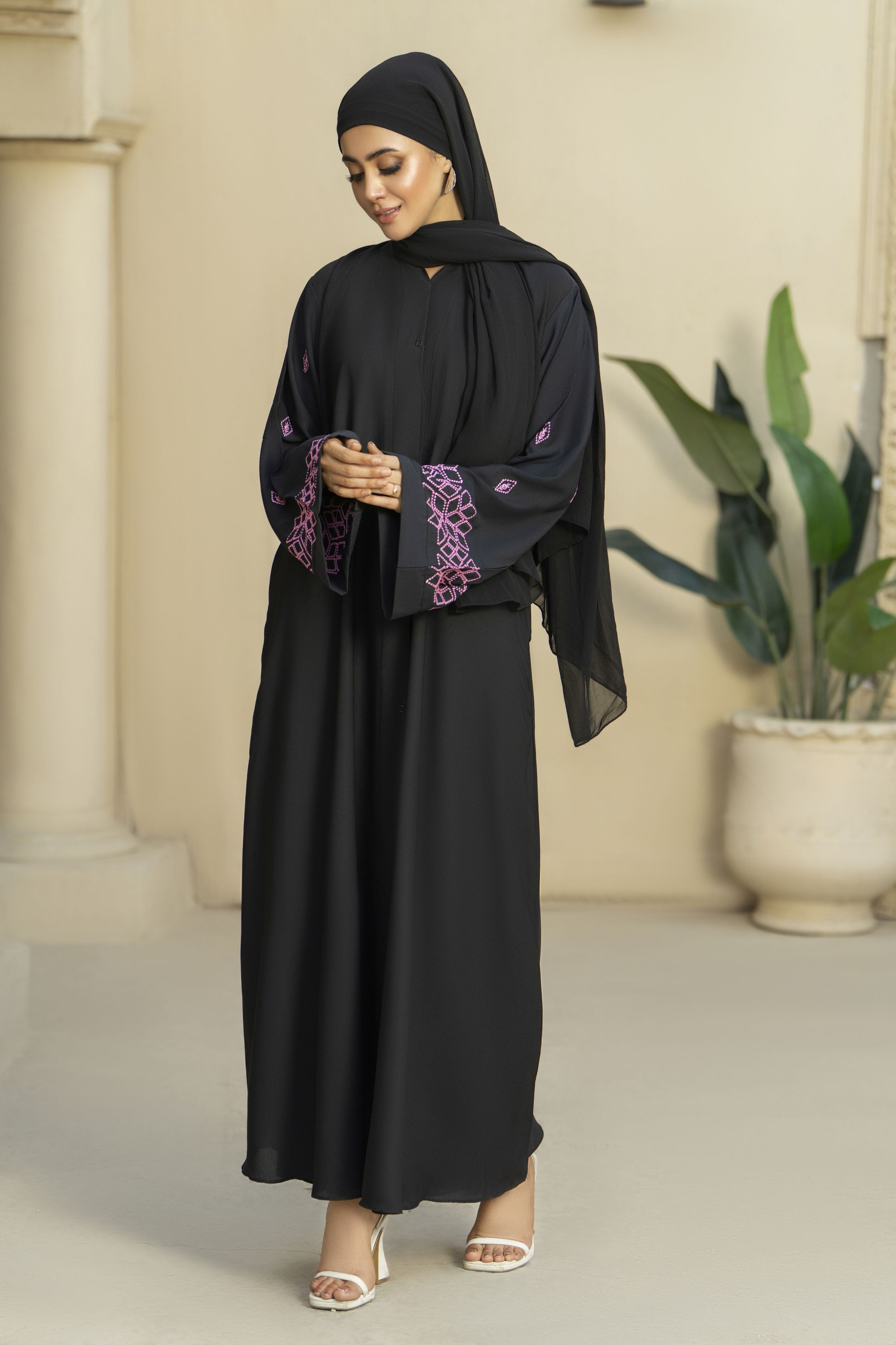 Black Georgette Abaya with Pink Geometric Embroidery – Zaina Luxe Drapes Collection ZLD2