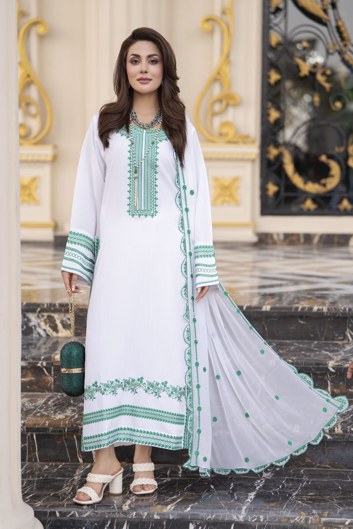 Reshmi RA3 White & Green Embroidered 3pc Raw Silk Suit with Chiffon Dupatta