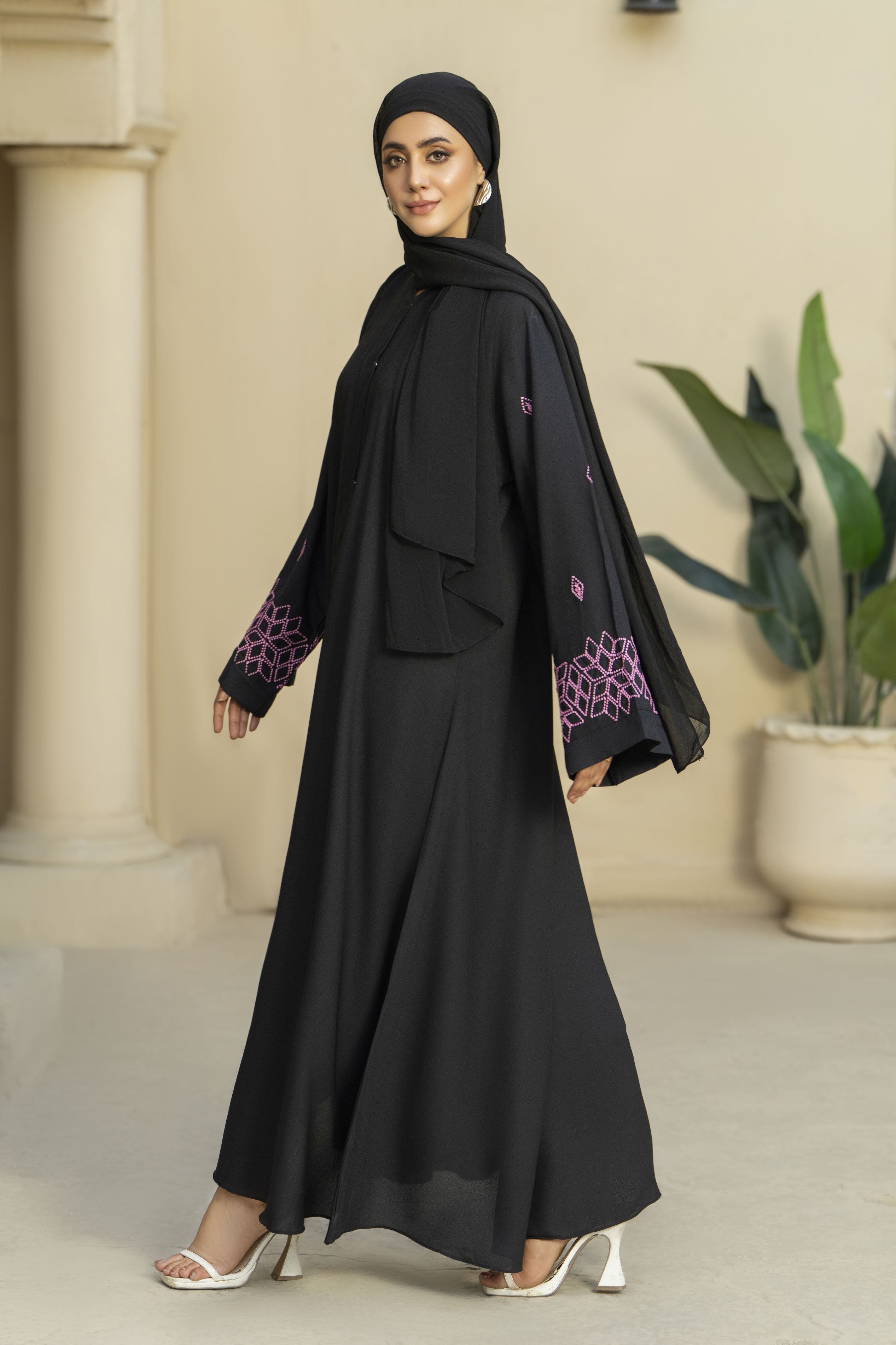Black Georgette Abaya with Pink Geometric Embroidery – Zaina Luxe Drapes Collection ZLD2