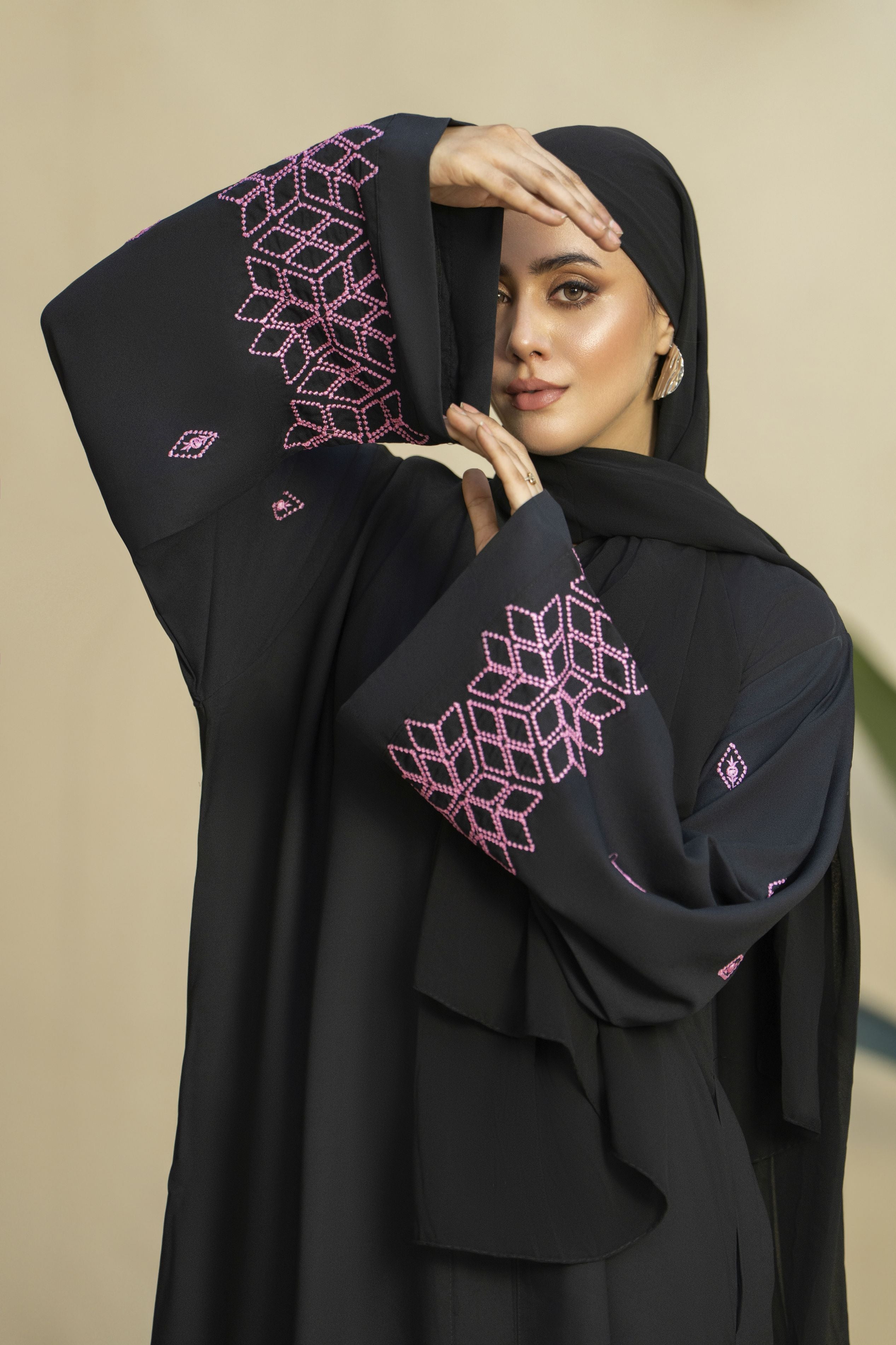 Black Georgette Abaya with Pink Geometric Embroidery – Zaina Luxe Drapes Collection ZLD2