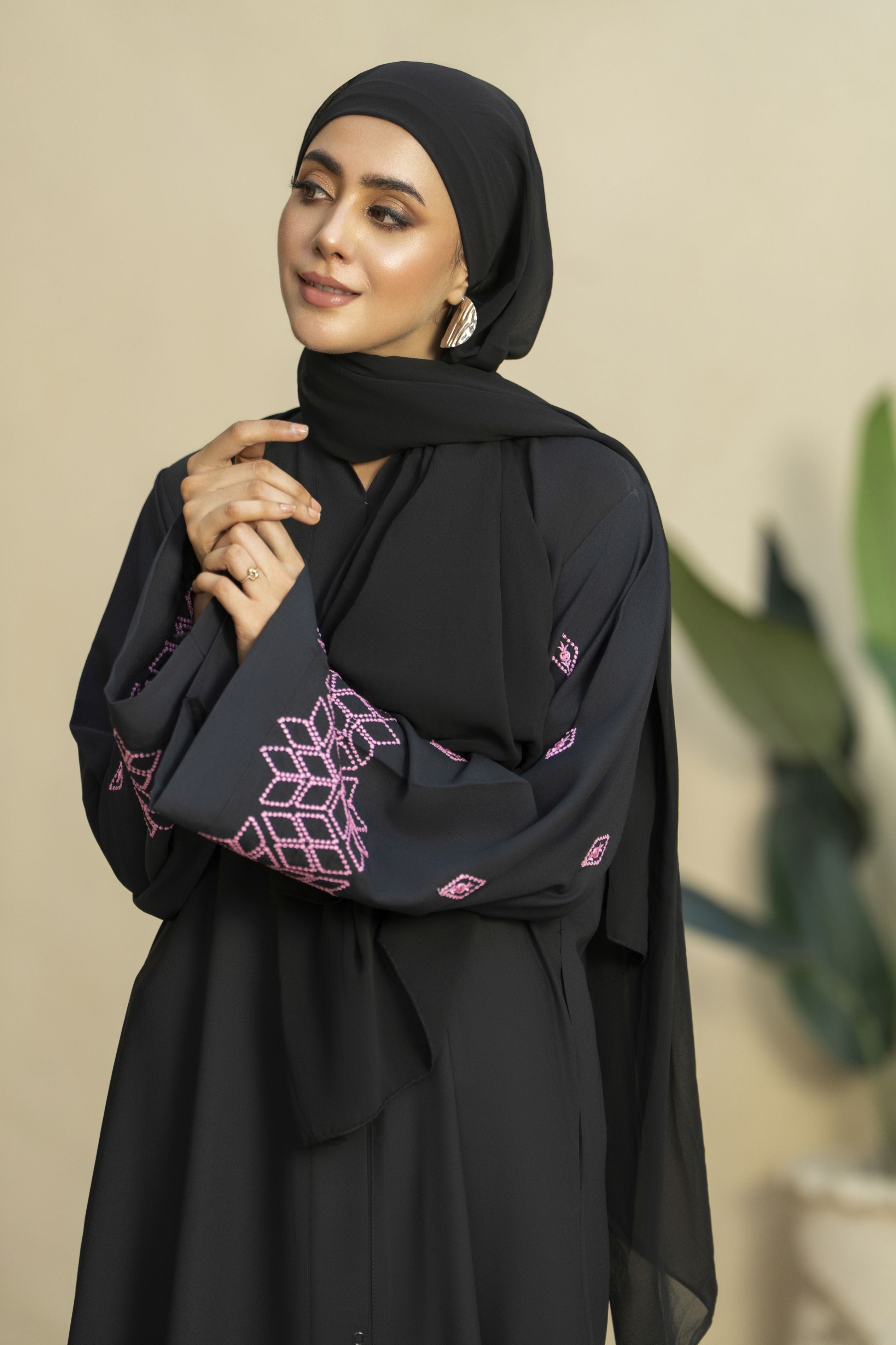 Black Georgette Abaya with Pink Geometric Embroidery – Zaina Luxe Drapes Collection ZLD2