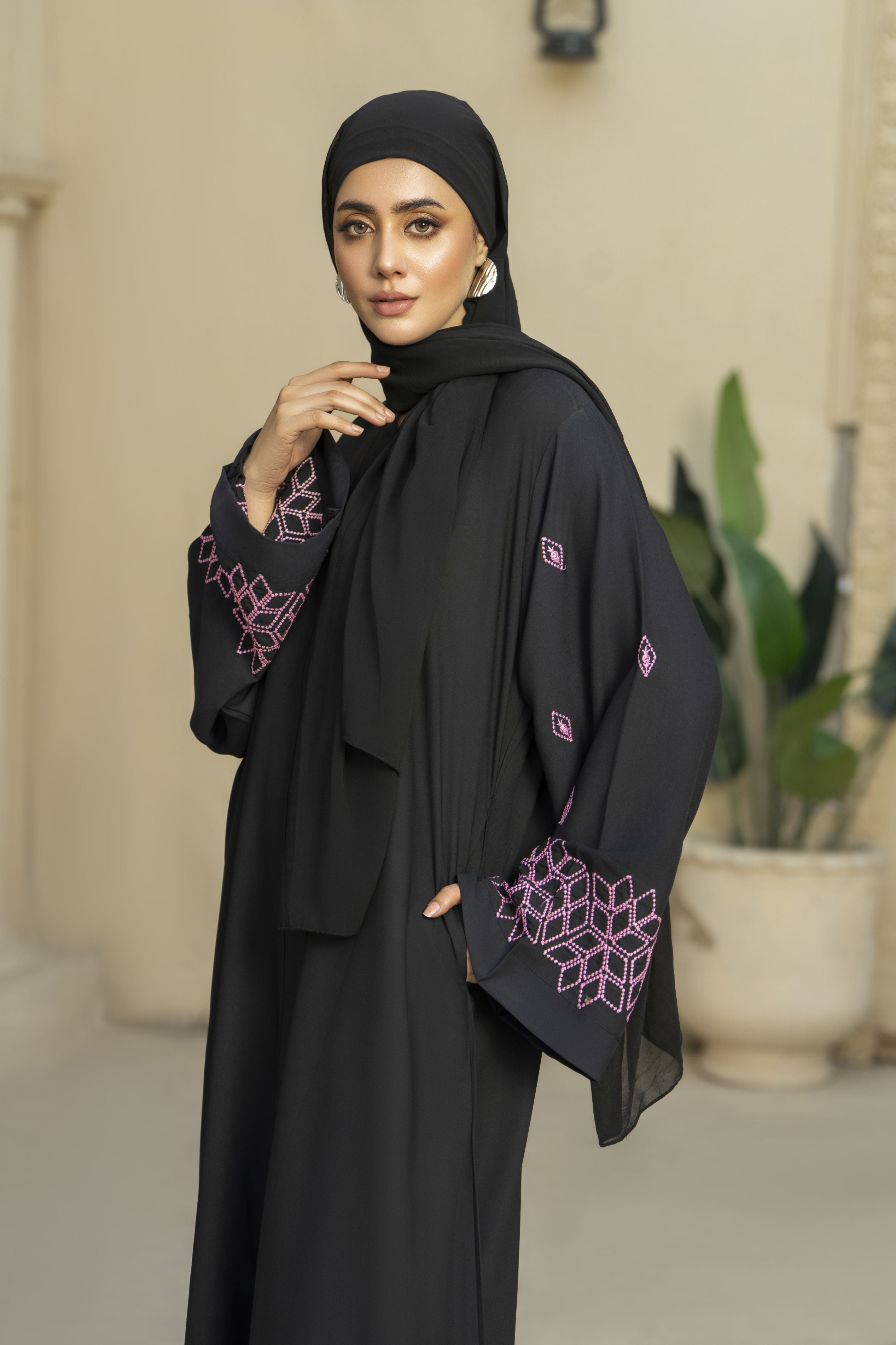 Black Georgette Abaya with Pink Geometric Embroidery – Zaina Luxe Drapes Collection ZLD2
