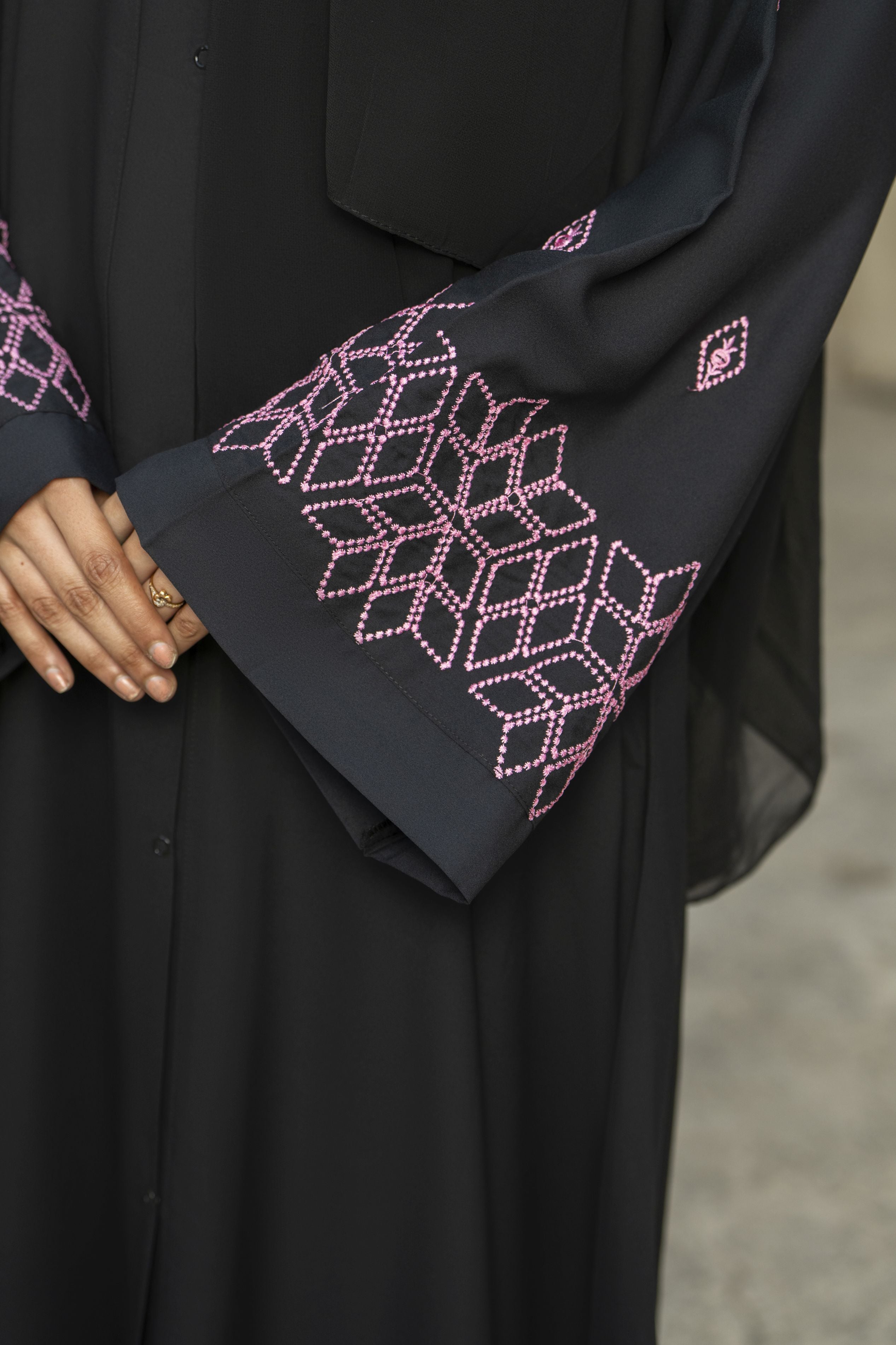 Black Georgette Abaya with Pink Geometric Embroidery – Zaina Luxe Drapes Collection ZLD2
