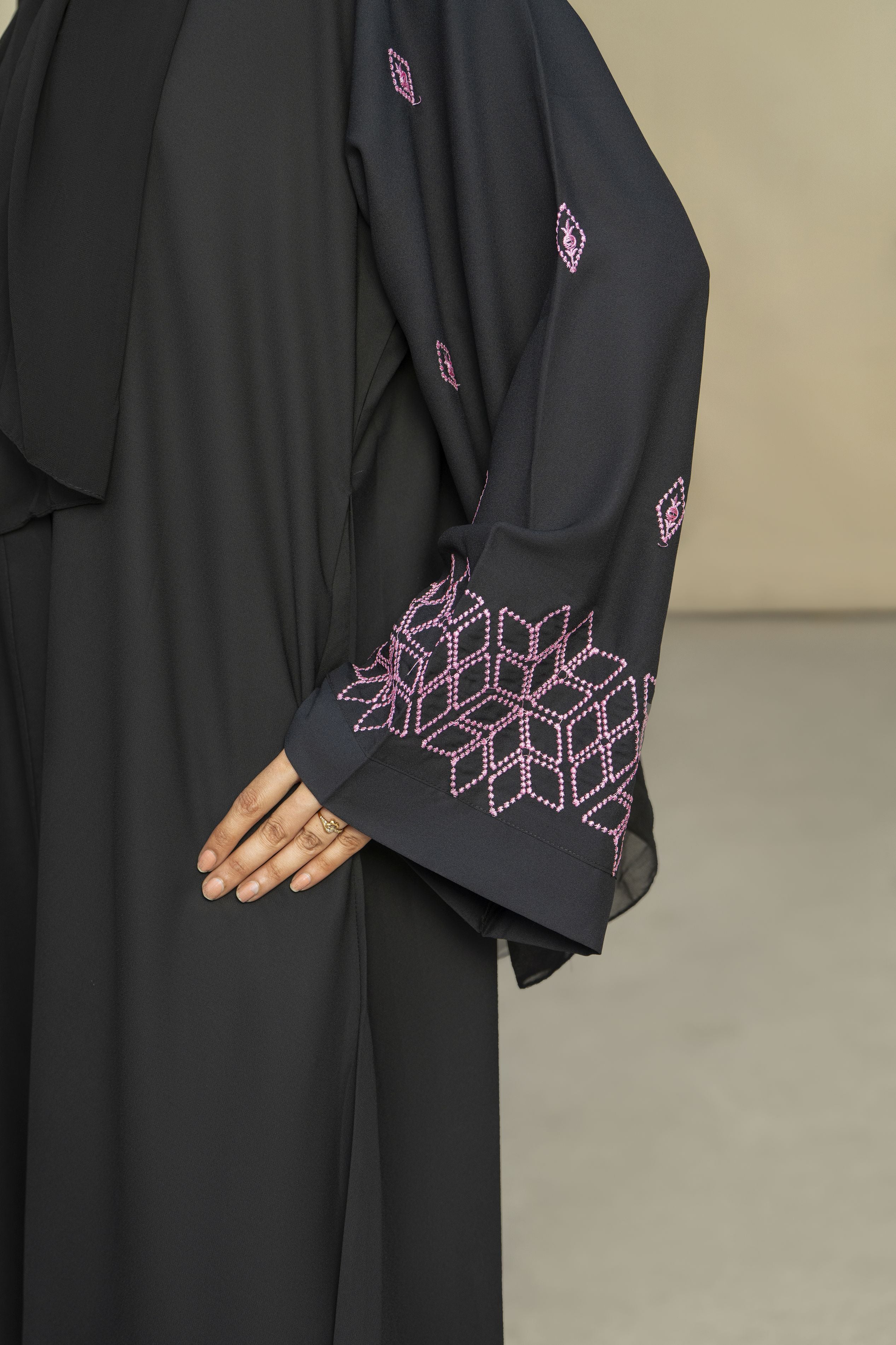 Black Georgette Abaya with Pink Geometric Embroidery – Zaina Luxe Drapes Collection ZLD2
