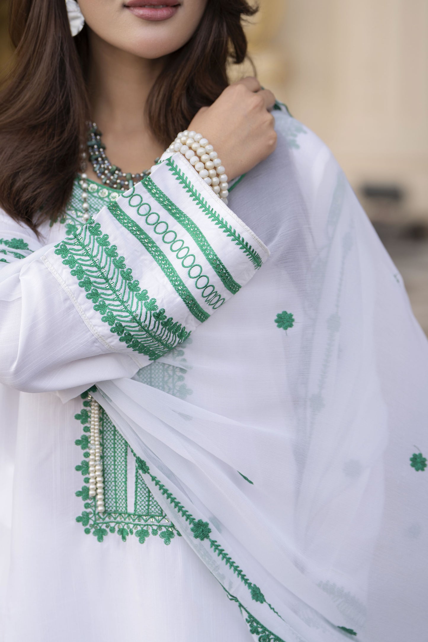 Reshmi RA3 White & Green Embroidered 3pc Raw Silk Suit with Chiffon Dupatta