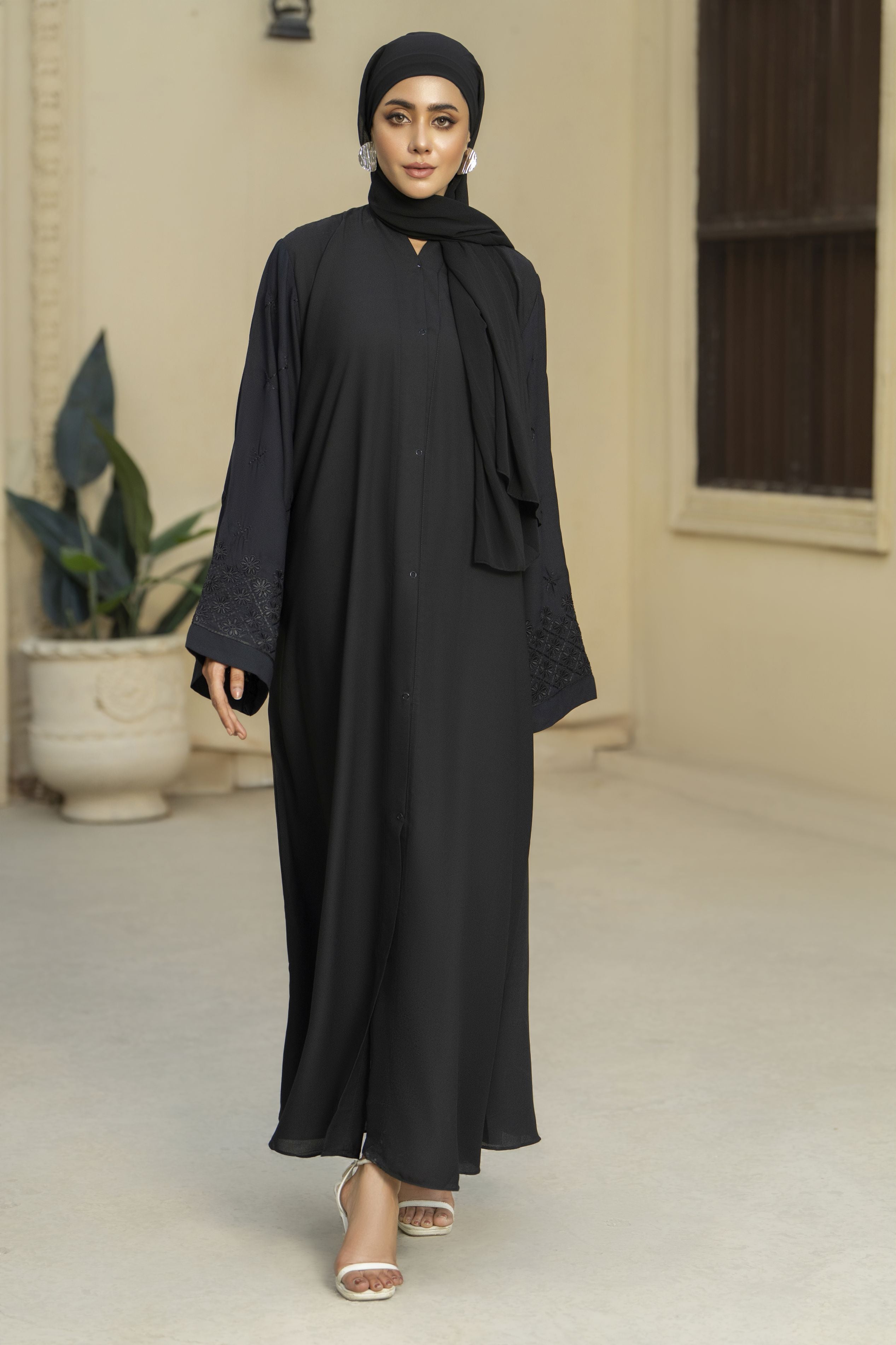 Black Tone-on-Tone Embroidered Georgette Abaya – Zaina Luxe Drapes Collection ZLD3