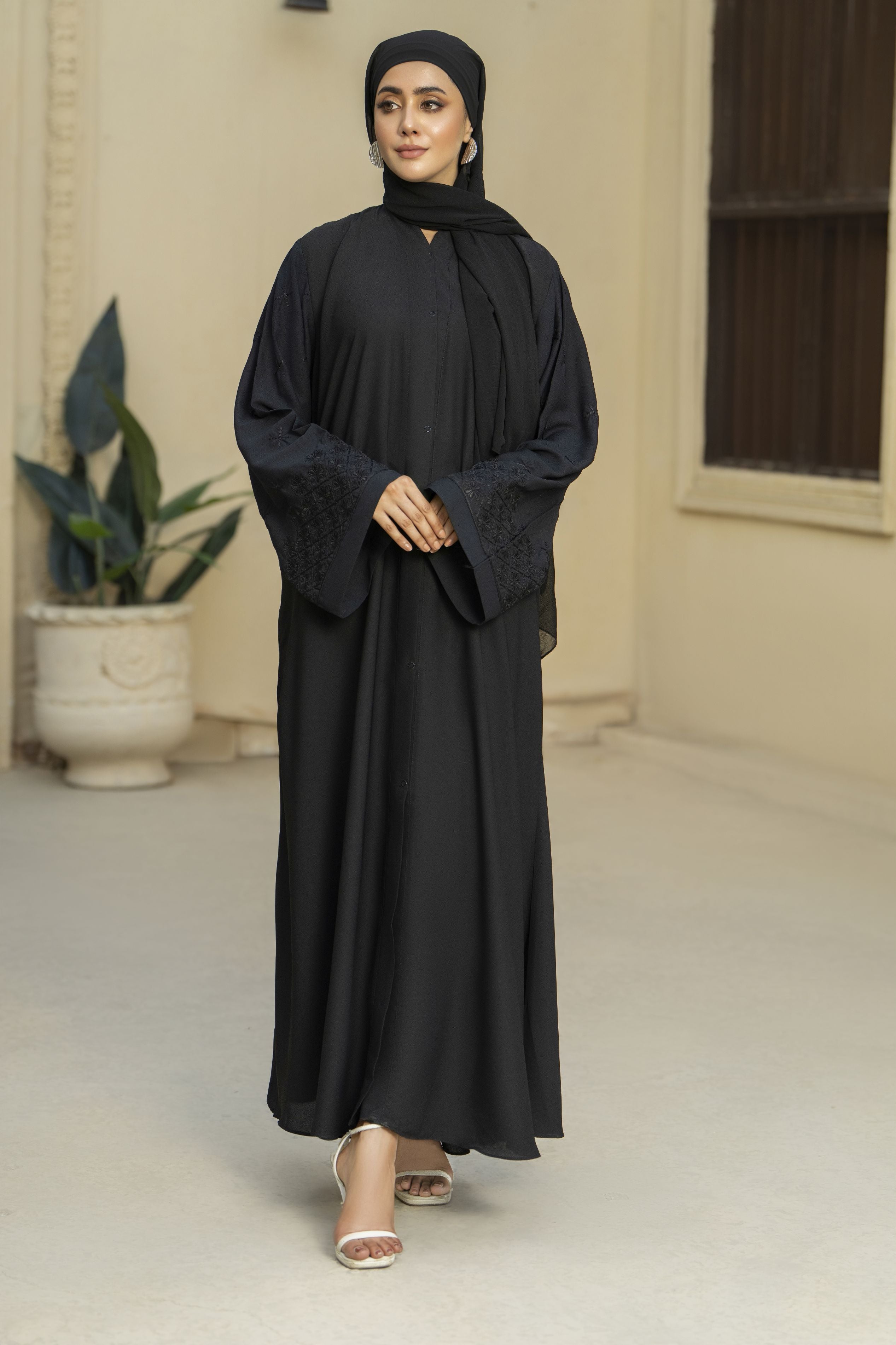 Black Tone-on-Tone Embroidered Georgette Abaya – Zaina Luxe Drapes Collection ZLD3