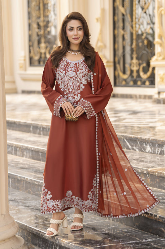 Reshmi RA5 Rust Embroidered 3pc Raw Silk Suit with Chiffon Dupatta