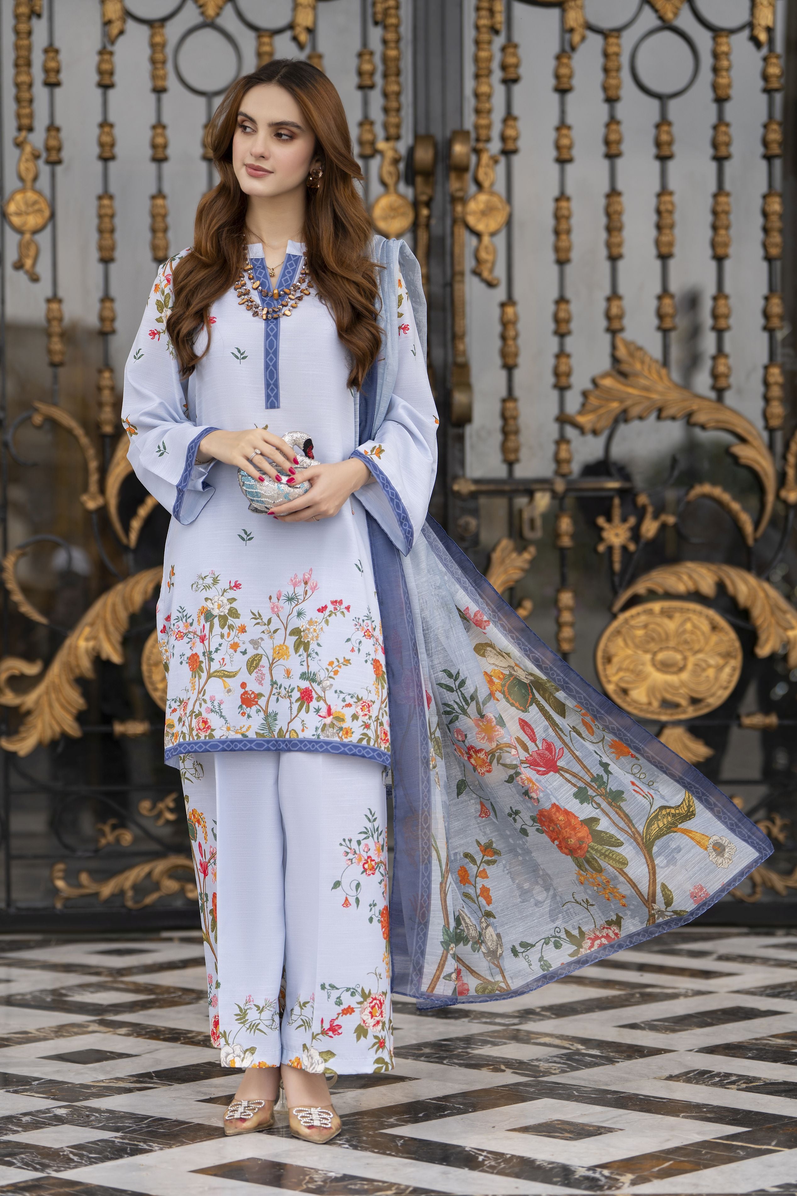 Daily Drapes by Mona – 3pc Raw Silk Suit with Wide Leg Trousers DDR6