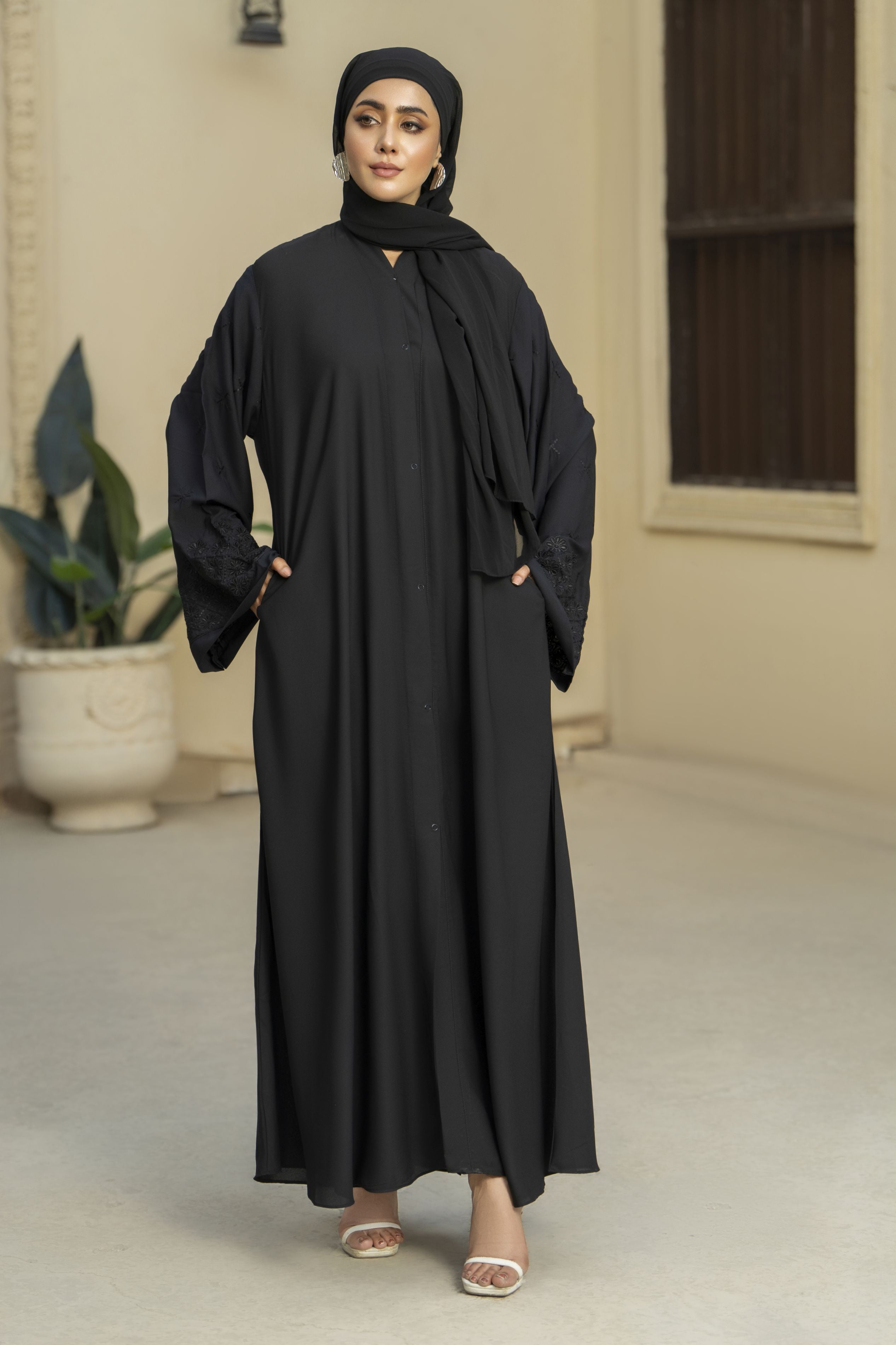 Black Tone-on-Tone Embroidered Georgette Abaya – Zaina Luxe Drapes Collection ZLD3