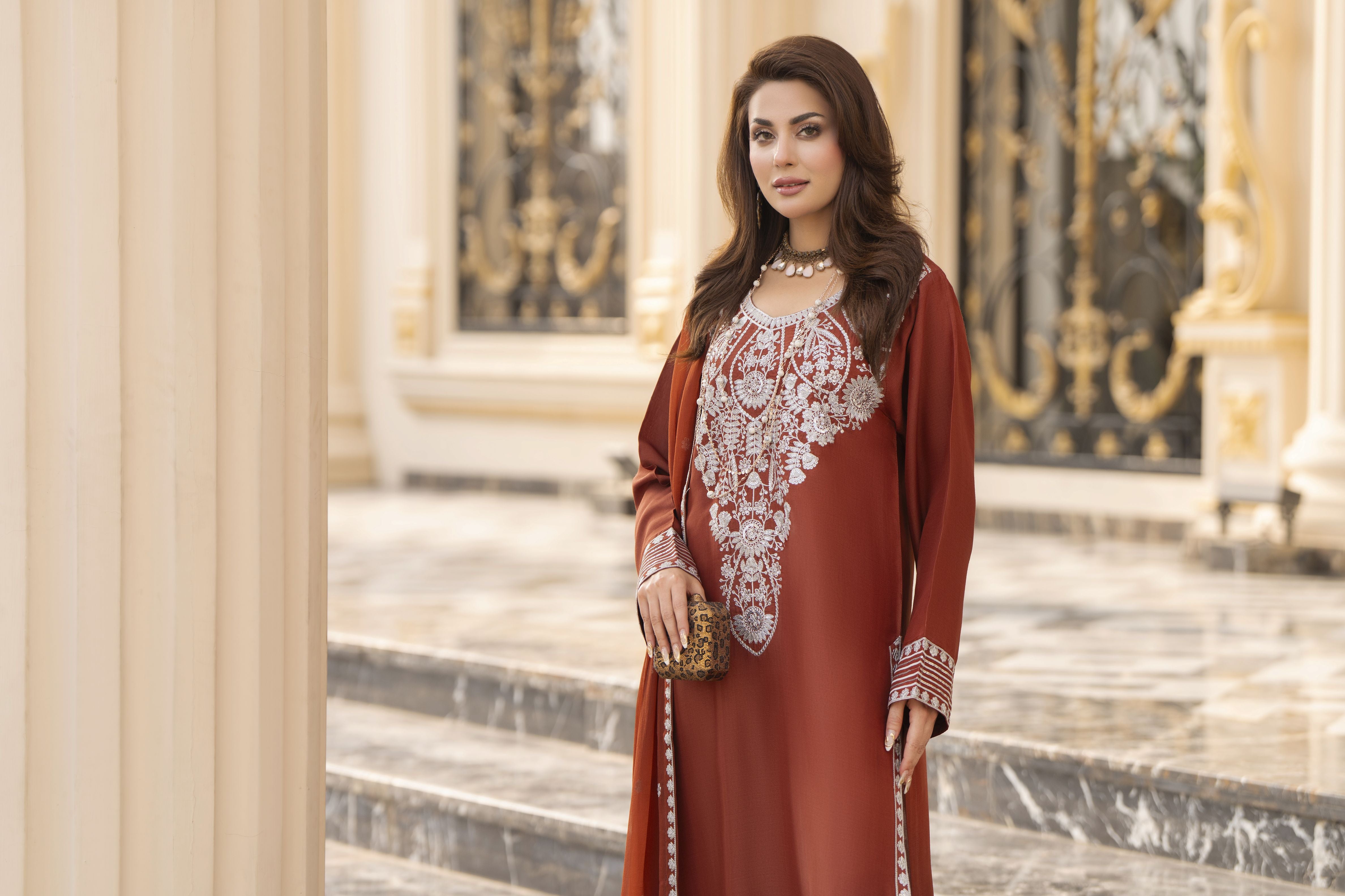 Reshmi RA5 Rust Embroidered 3pc Raw Silk Suit with Chiffon Dupatta