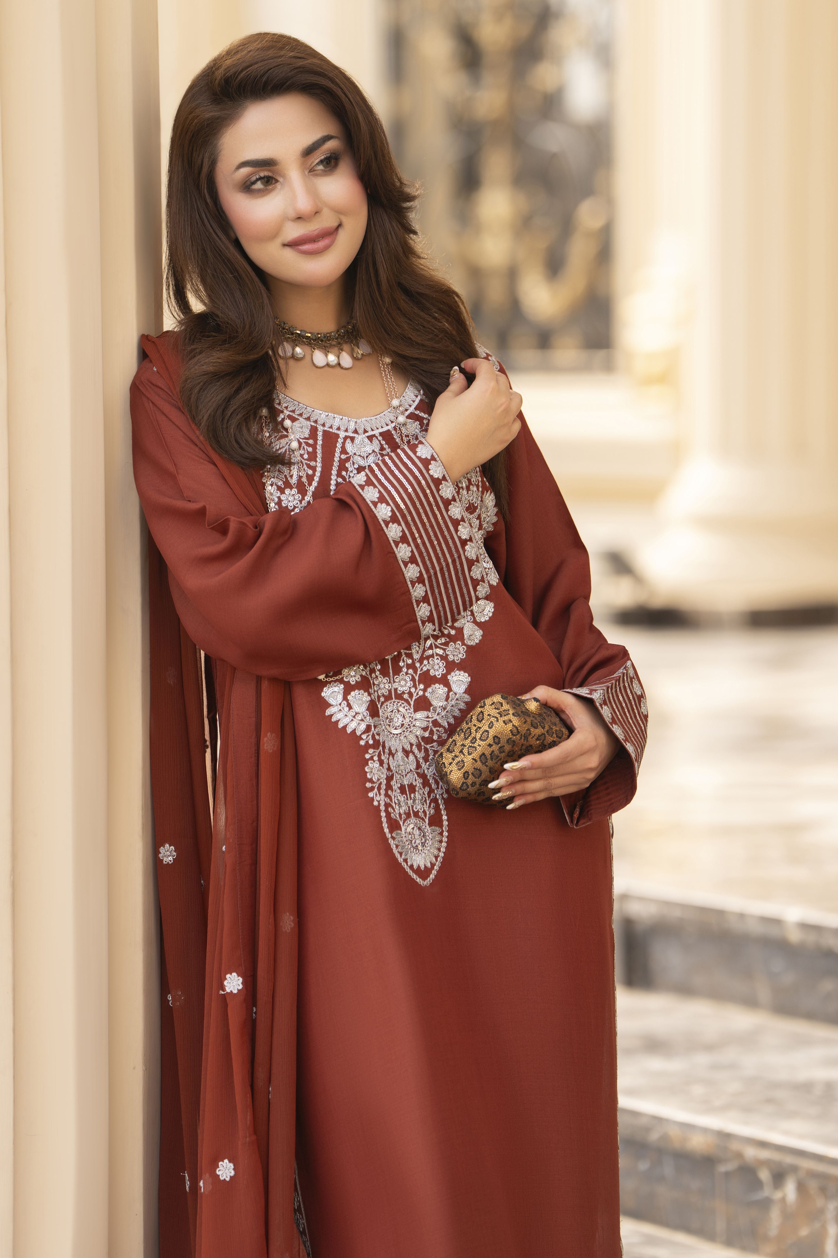 Reshmi RA5 Rust Embroidered 3pc Raw Silk Suit with Chiffon Dupatta