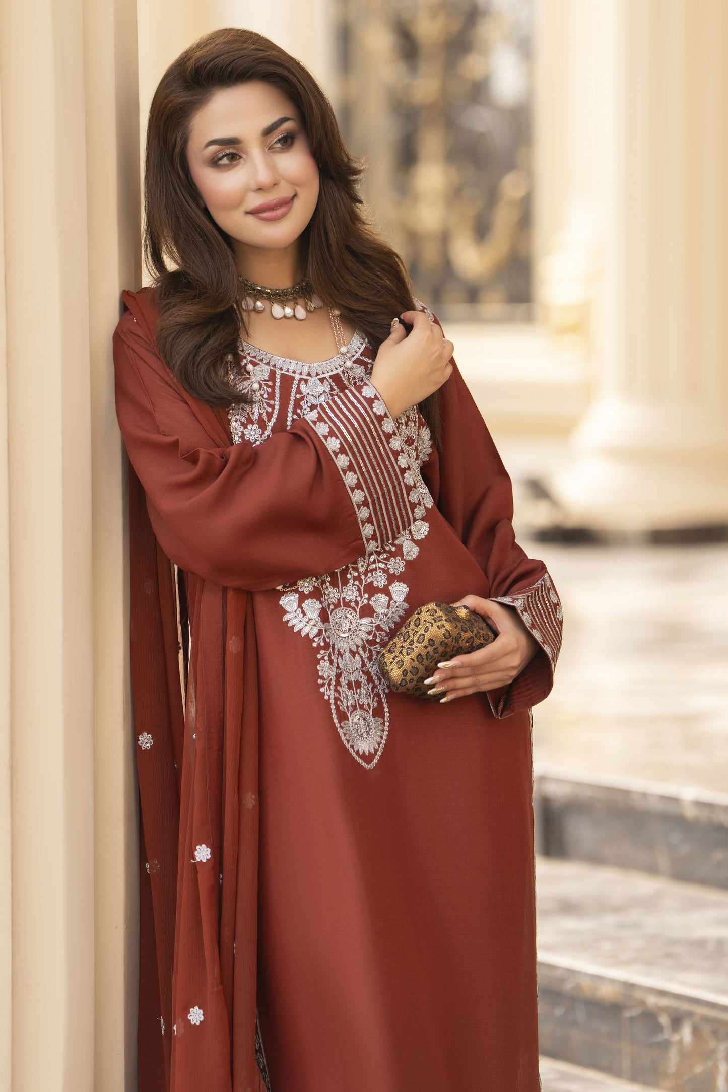 Reshmi RA5 Rust Embroidered 3pc Raw Silk Suit with Chiffon Dupatta